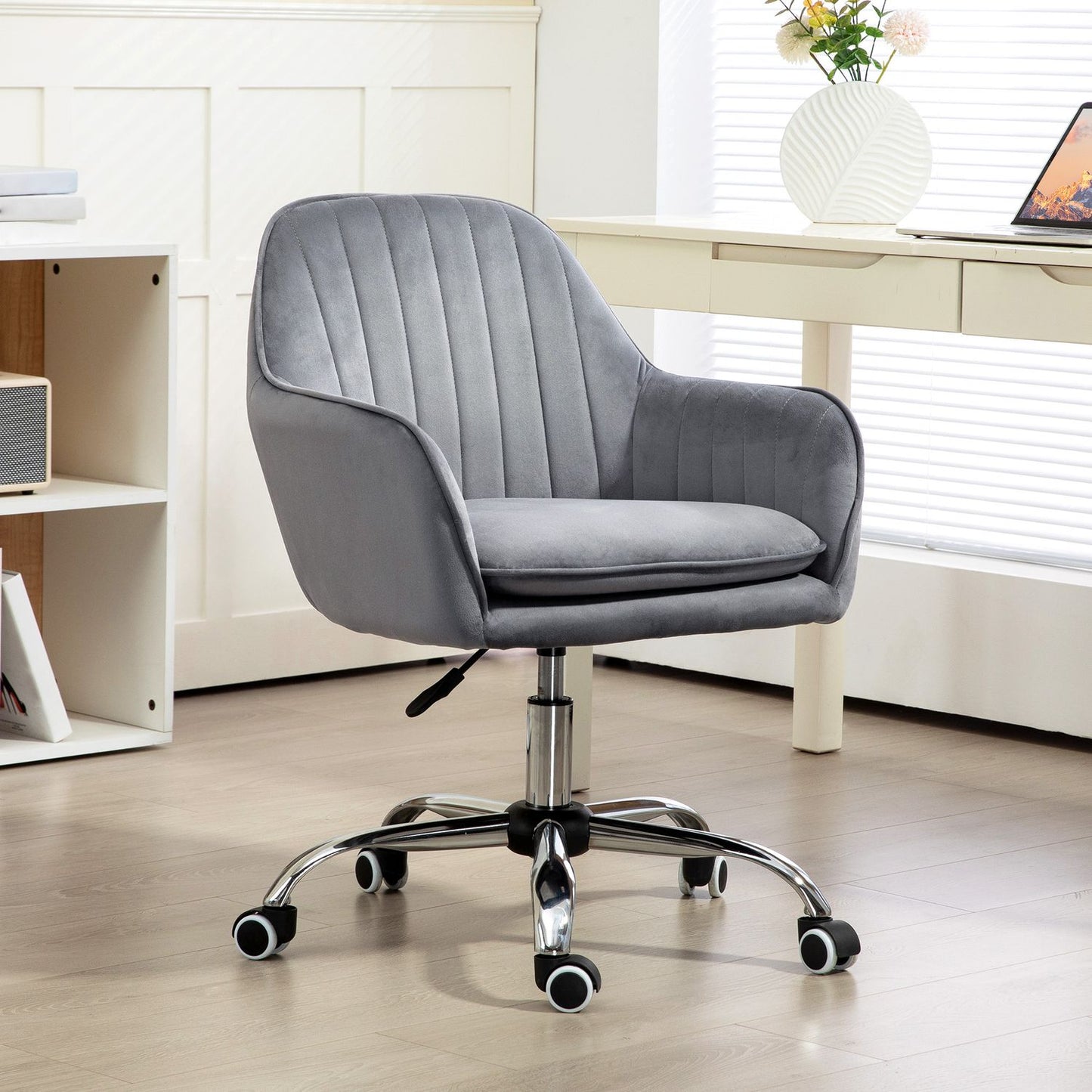 Height-adjustable velvet table chair with armrests, gray