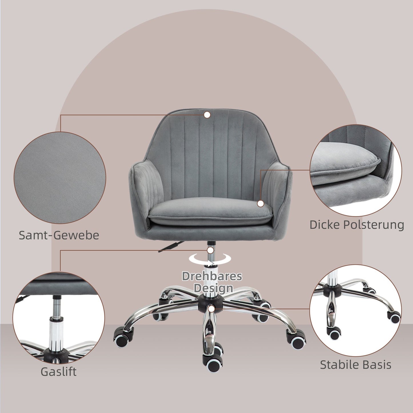 Height-adjustable velvet table chair with armrests, gray