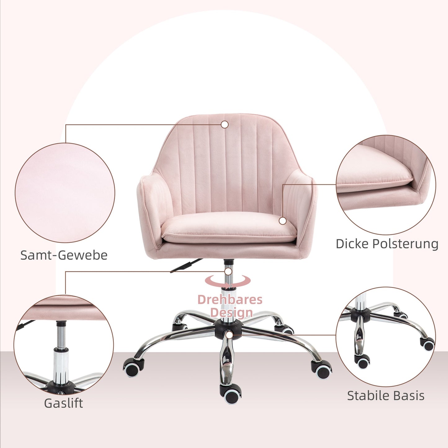 Pink Velvet Office Chair - Adjustable swivel with armrests