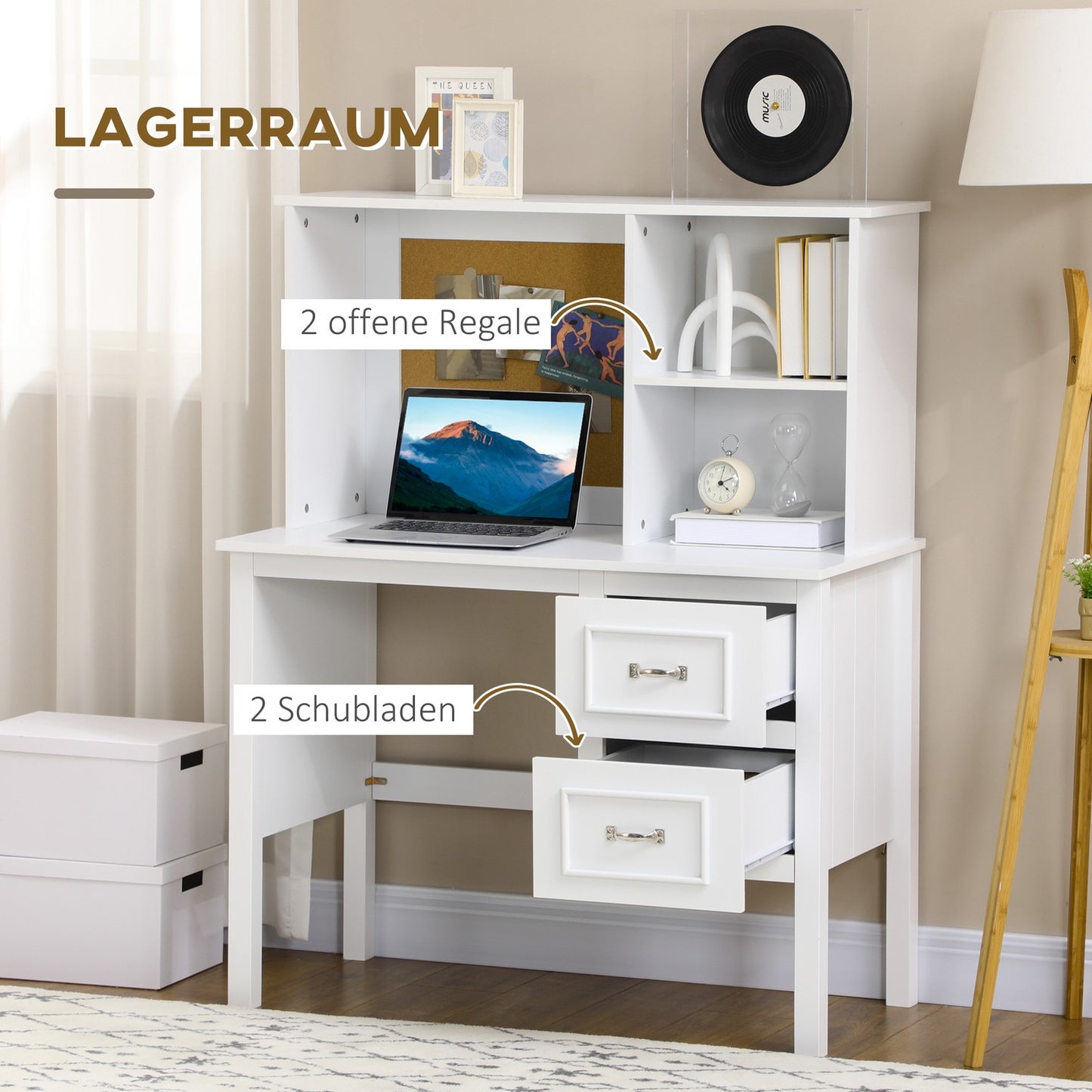 Computer table with drawers and cork top - White