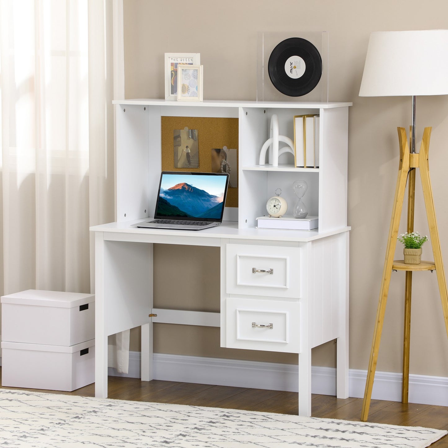 Computer table with drawers and cork top - White