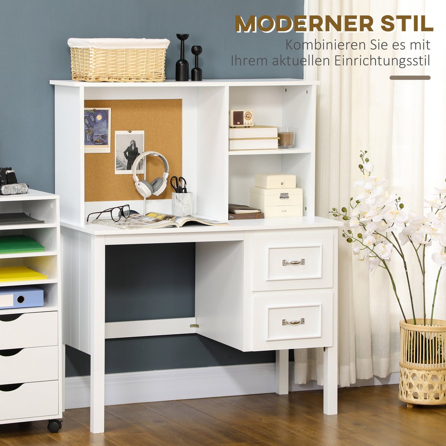 Computer table with drawers and cork top - White