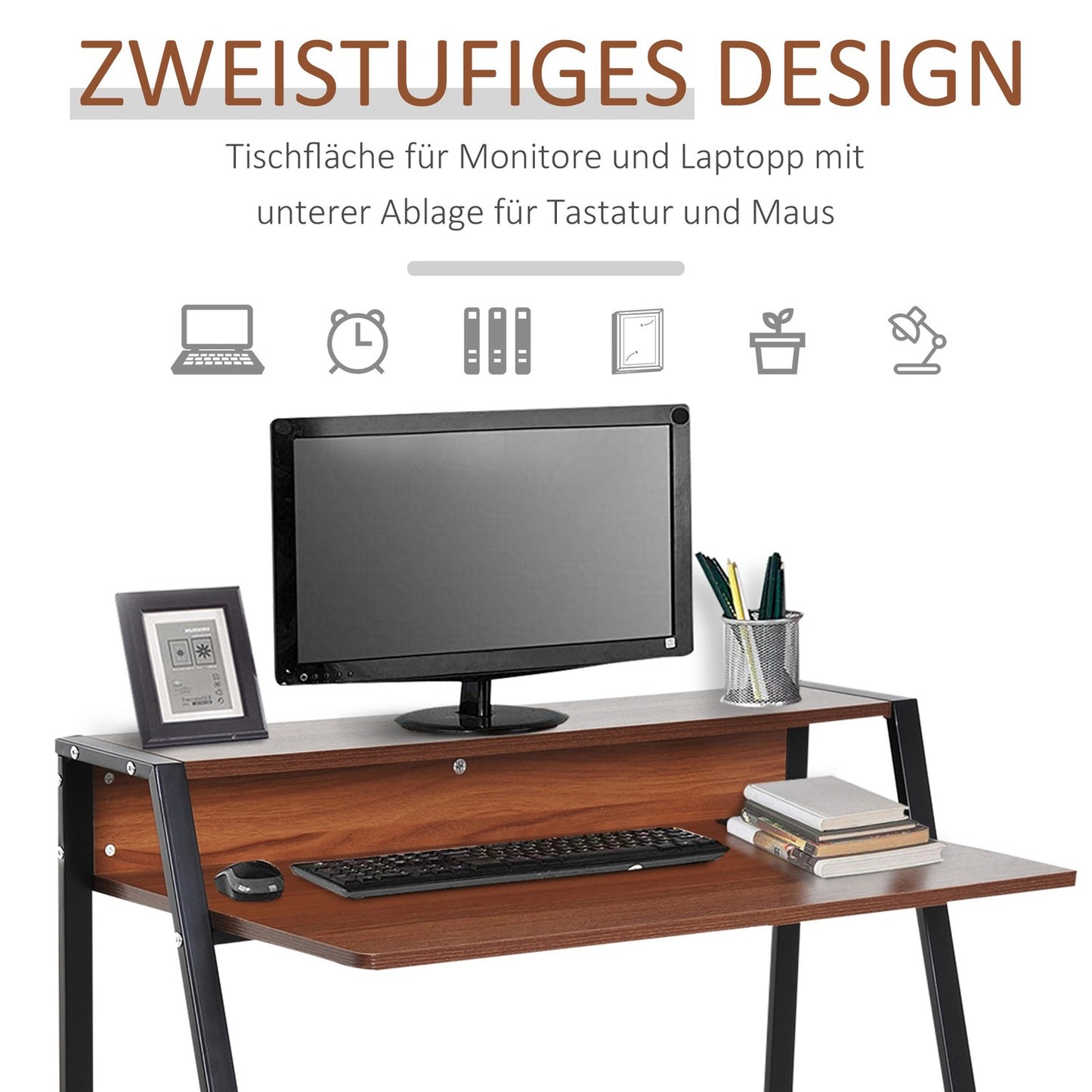 Desktop computer desk with storage and cable management - walnut