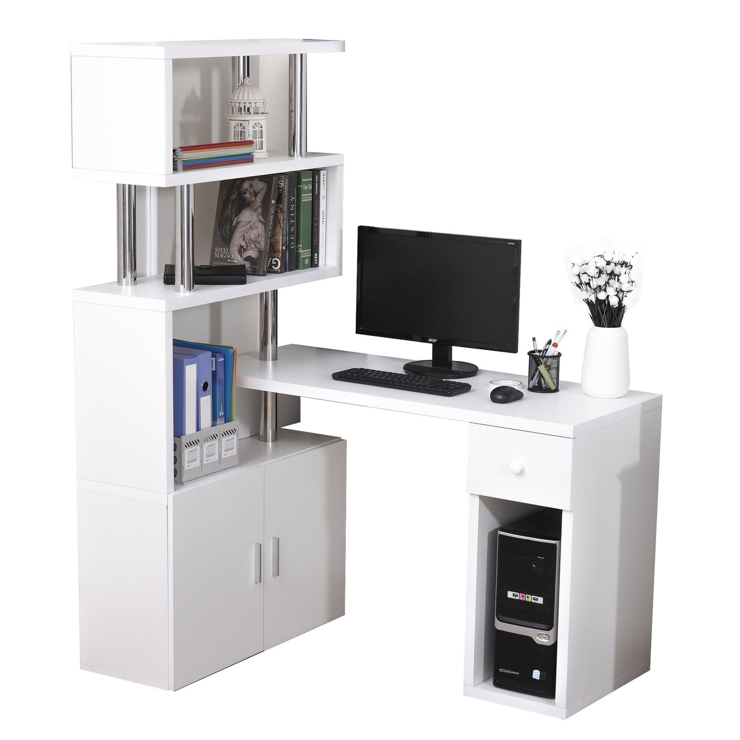 L-shaped white corner desk with bookshelf and drawer, 120x80x164 cm