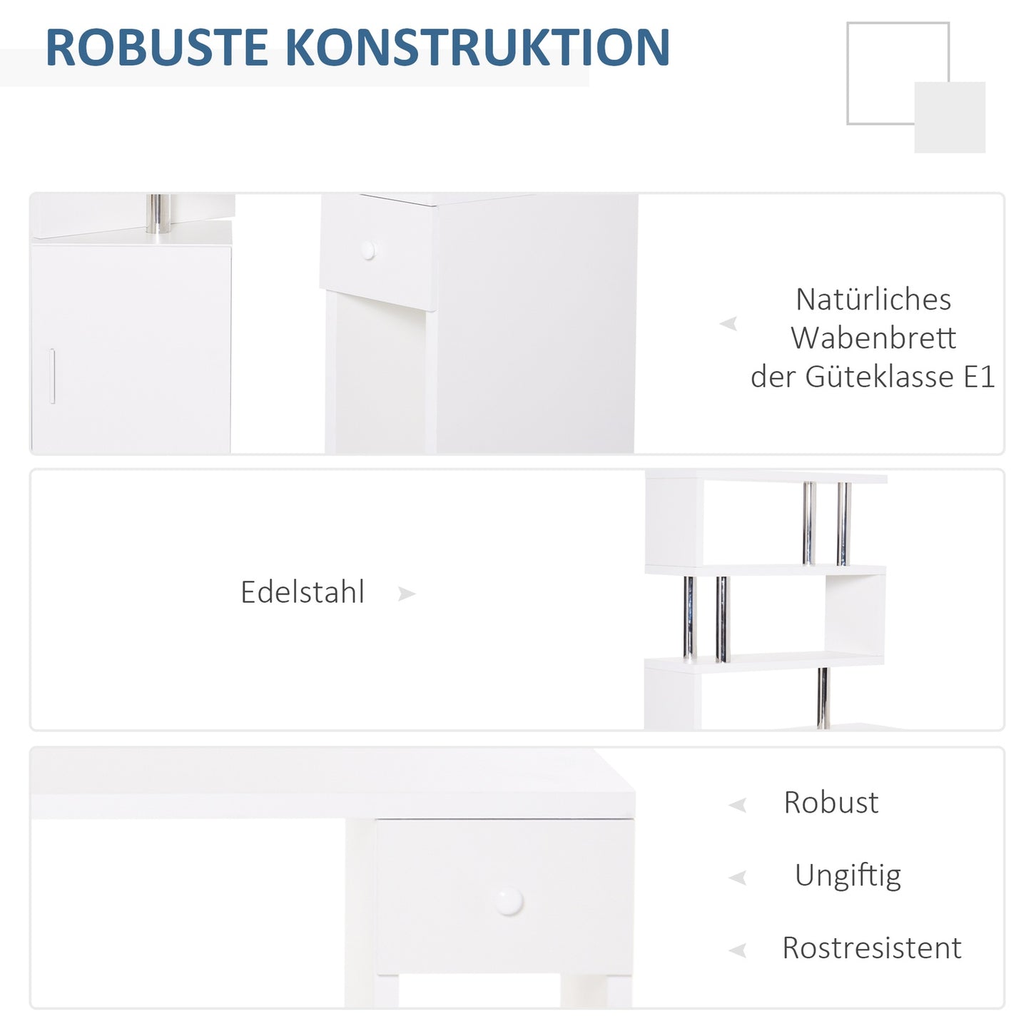 L-shaped white corner desk with bookshelf and drawer, 120x80x164 cm