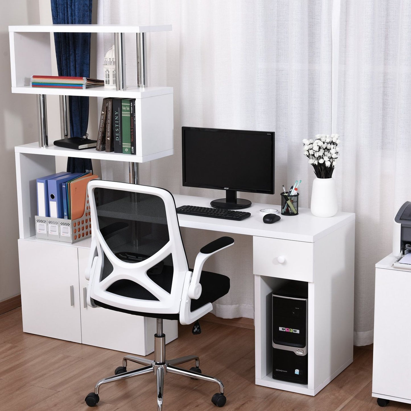 L-shaped white corner desk with bookshelf and drawer, 120x80x164 cm