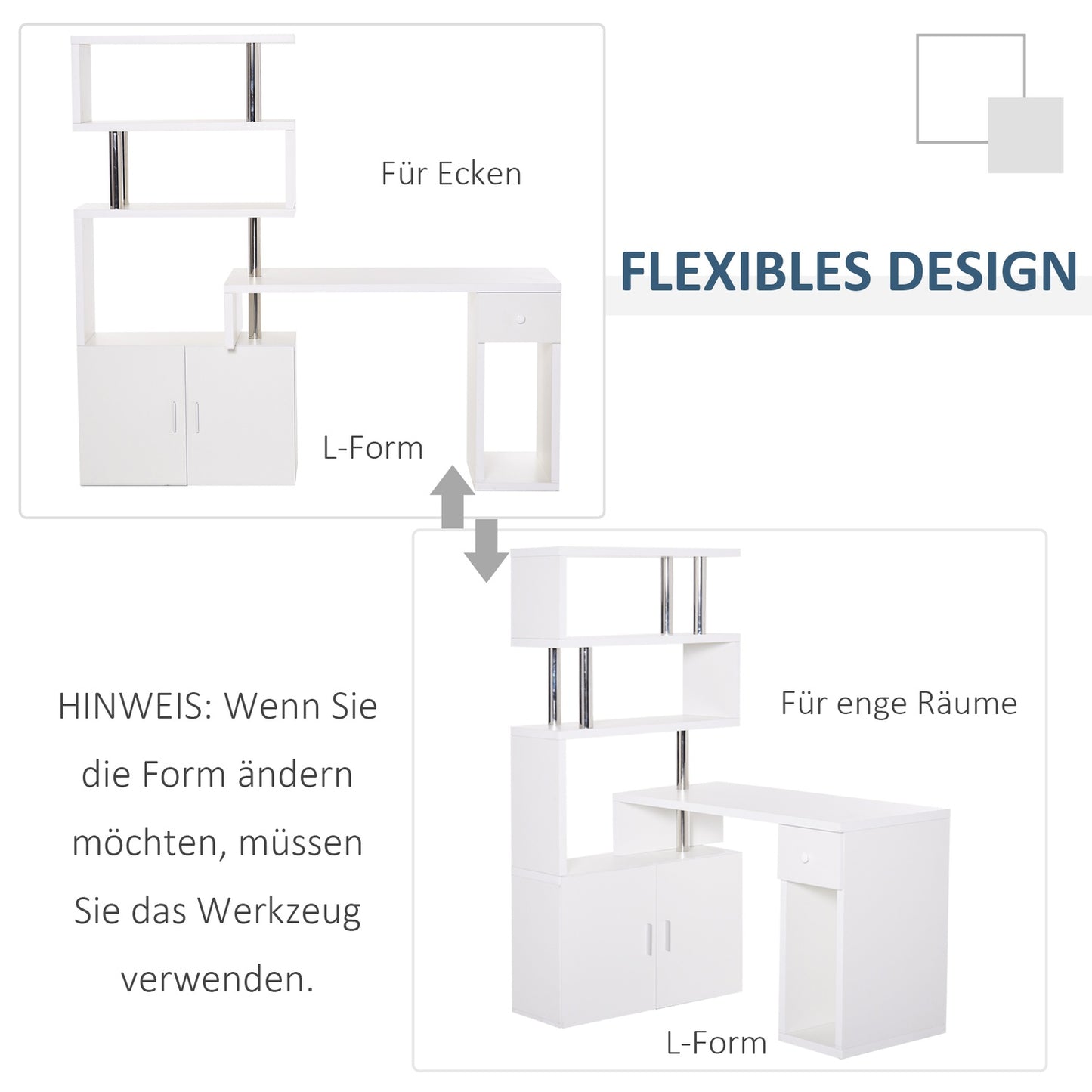 L-shaped white corner desk with bookshelf and drawer, 120x80x164 cm