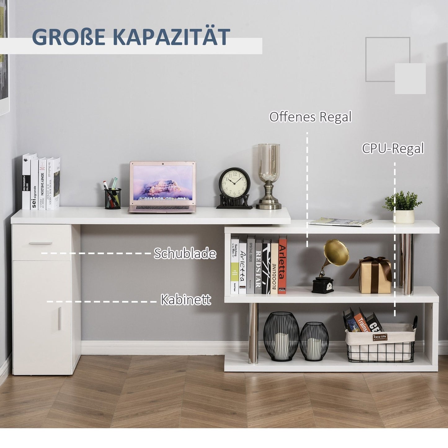 L-shaped white corner desk with bookshelf and drawer, 120x80x164 cm