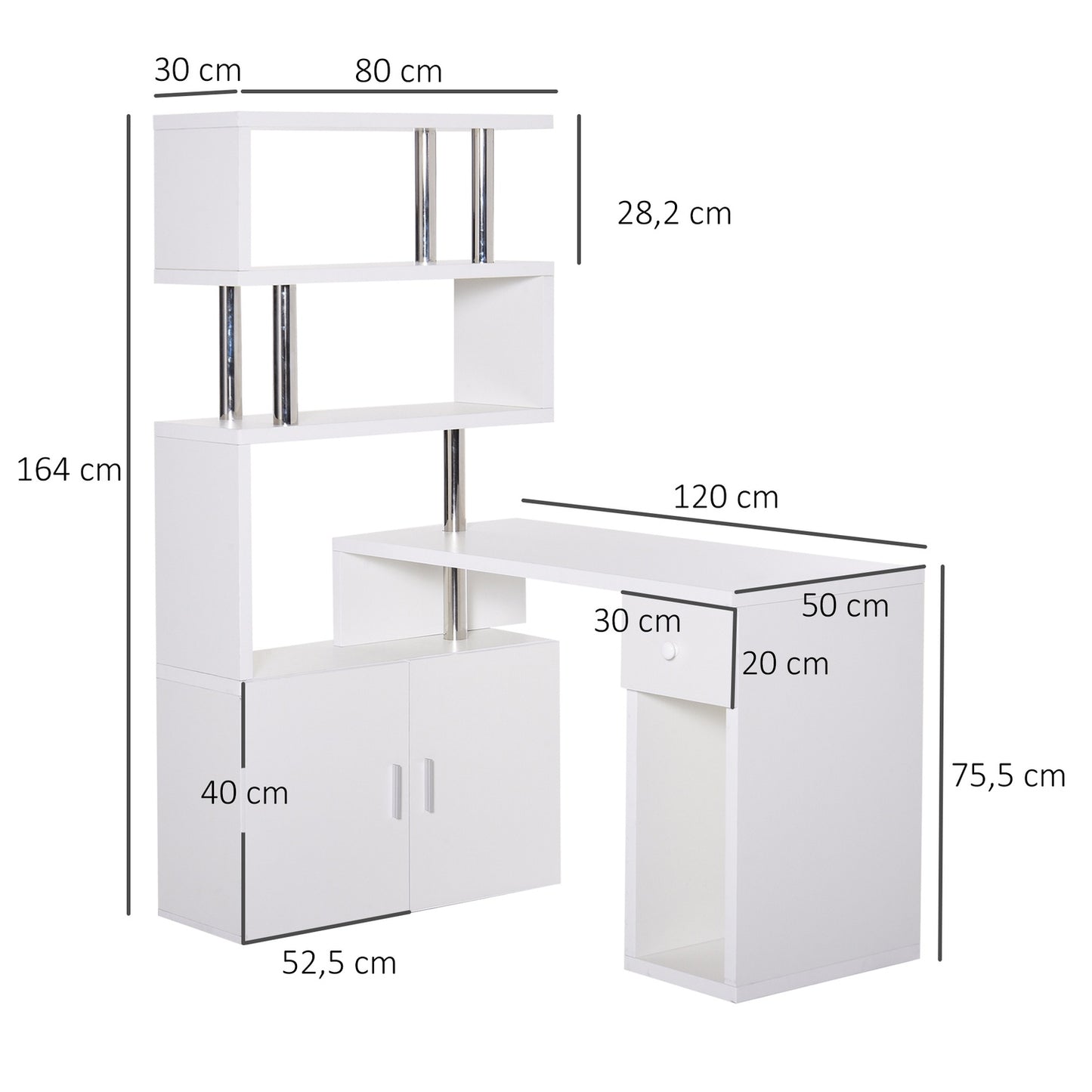 L-shaped white corner desk with bookshelf and drawer, 120x80x164 cm