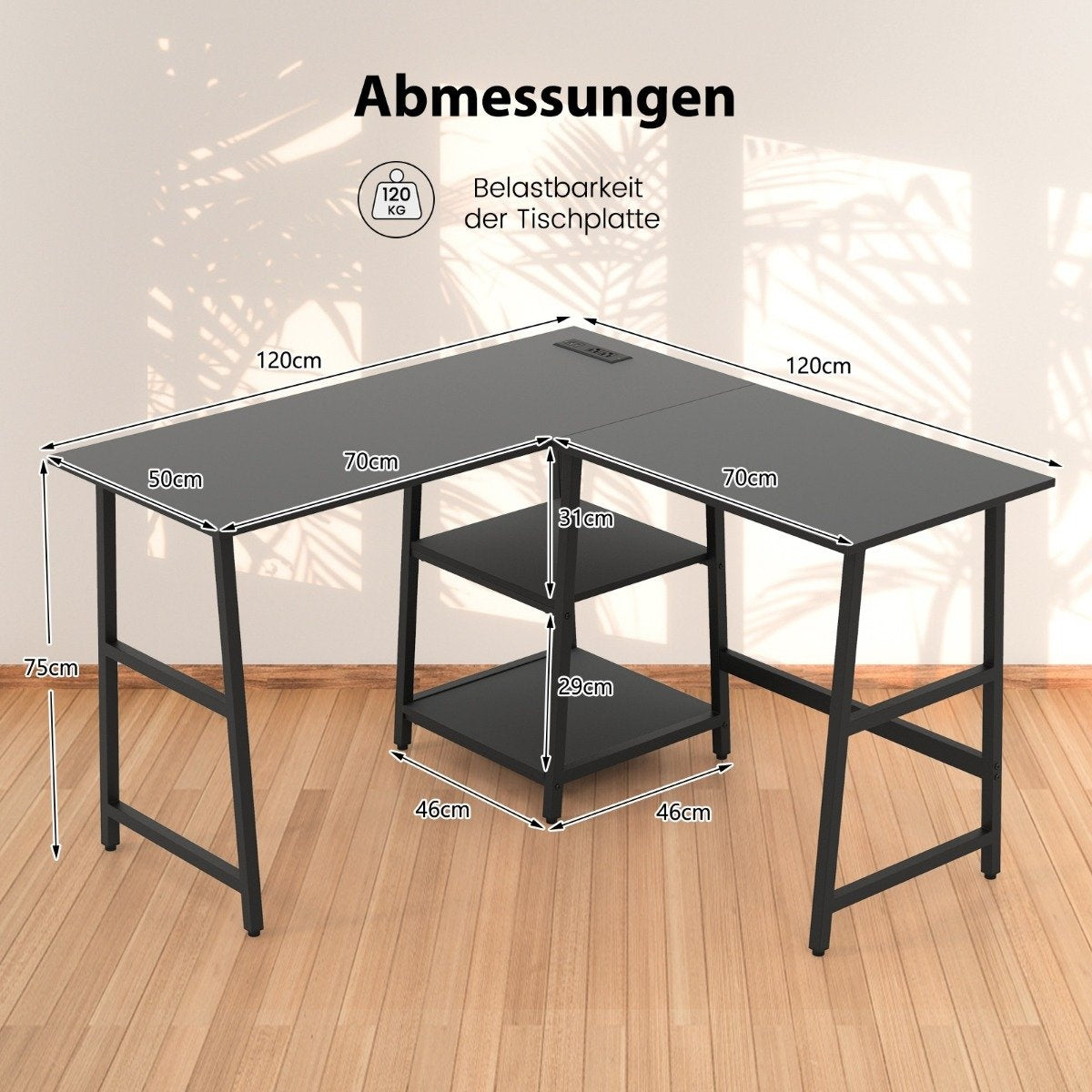 Desk L-Shape Corner Desk with Sockets &amp; USB ports 120 x 120 x 75 cm black