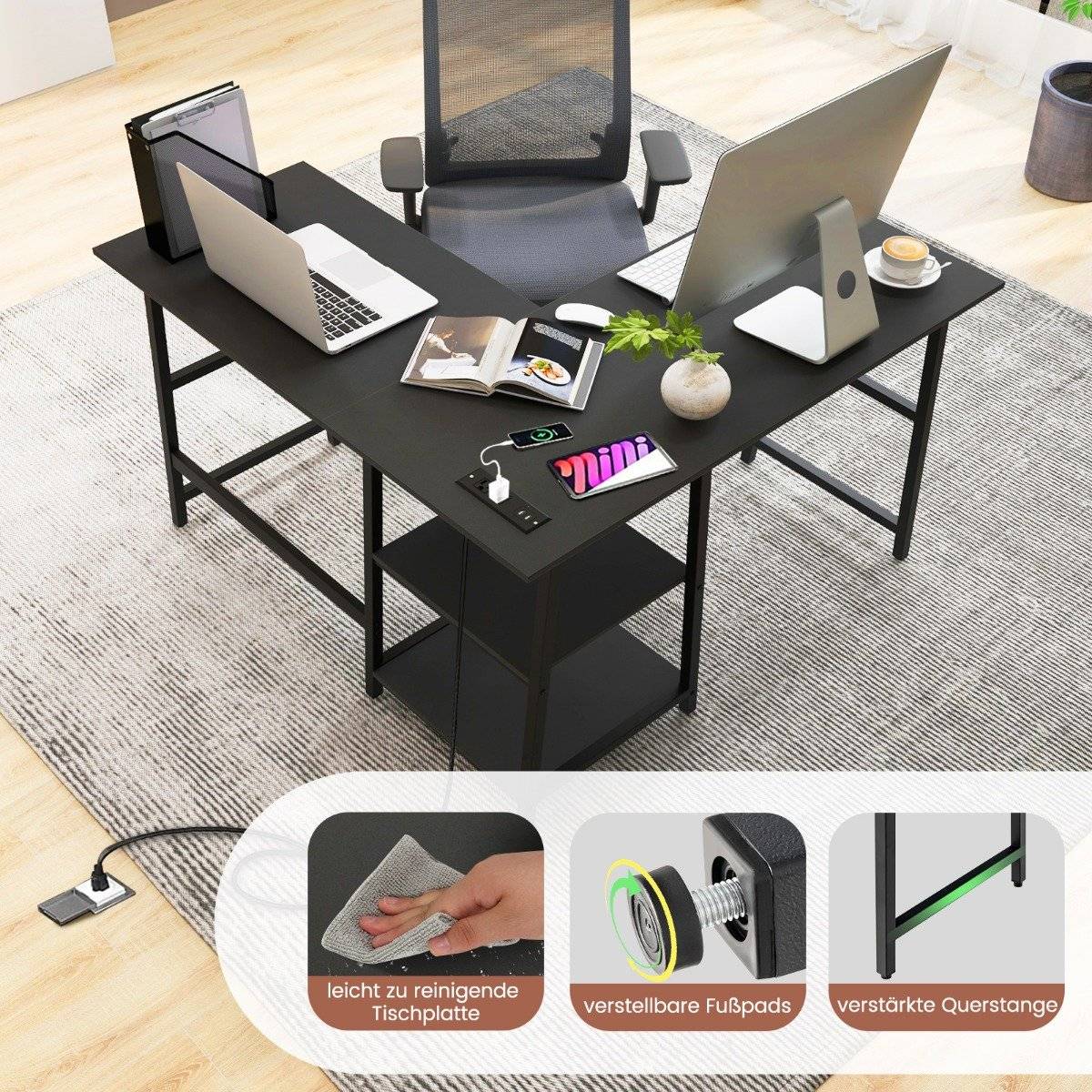 Desk L-Shape Corner Desk with Sockets &amp; USB ports 120 x 120 x 75 cm black