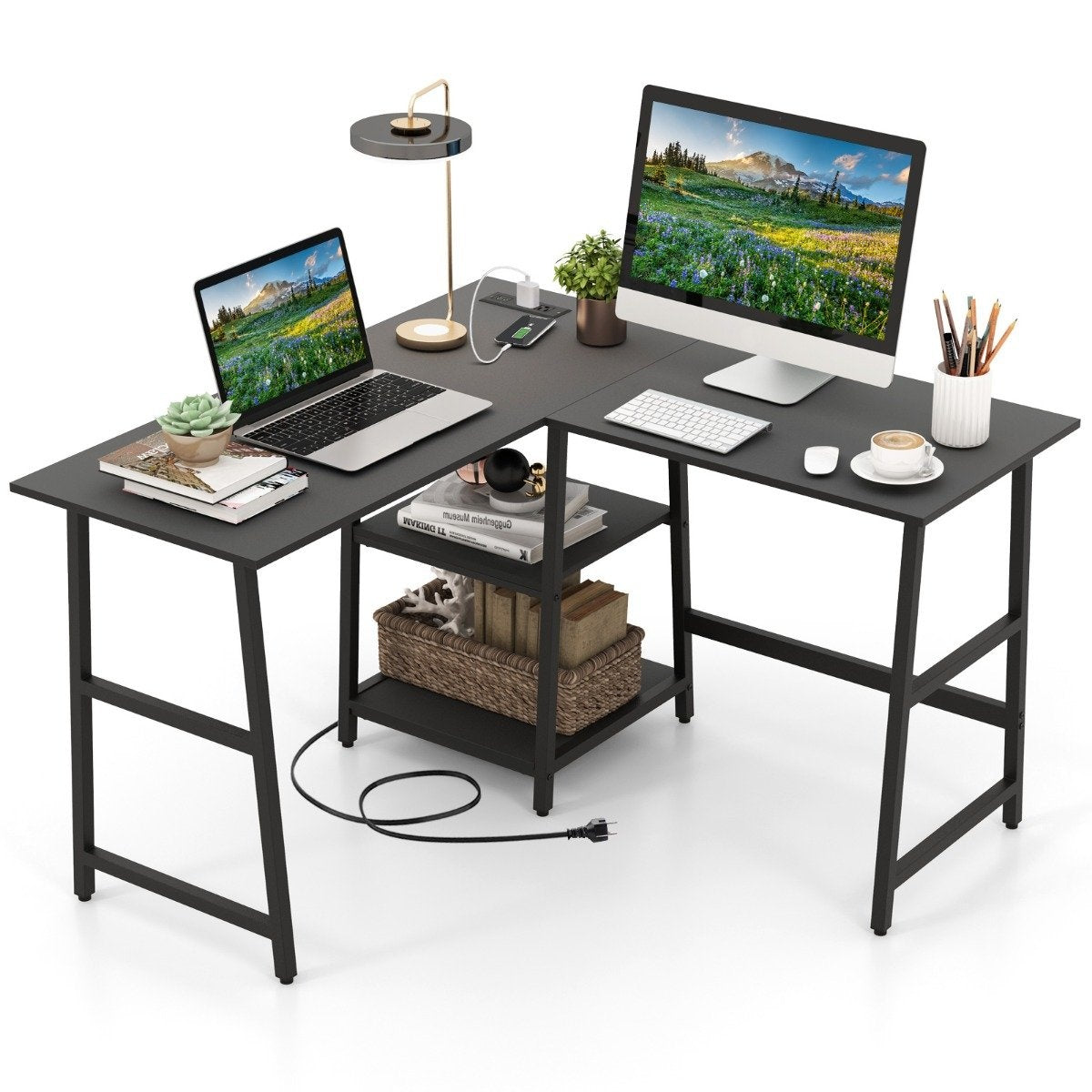 Desk L-Shape Corner Desk with Sockets &amp; USB ports 120 x 120 x 75 cm black