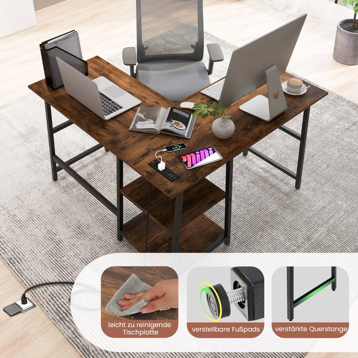 Desk L-Shape Corner Desk with Sockets &amp; USB ports 120 x 120 x 75 cm rustic brown