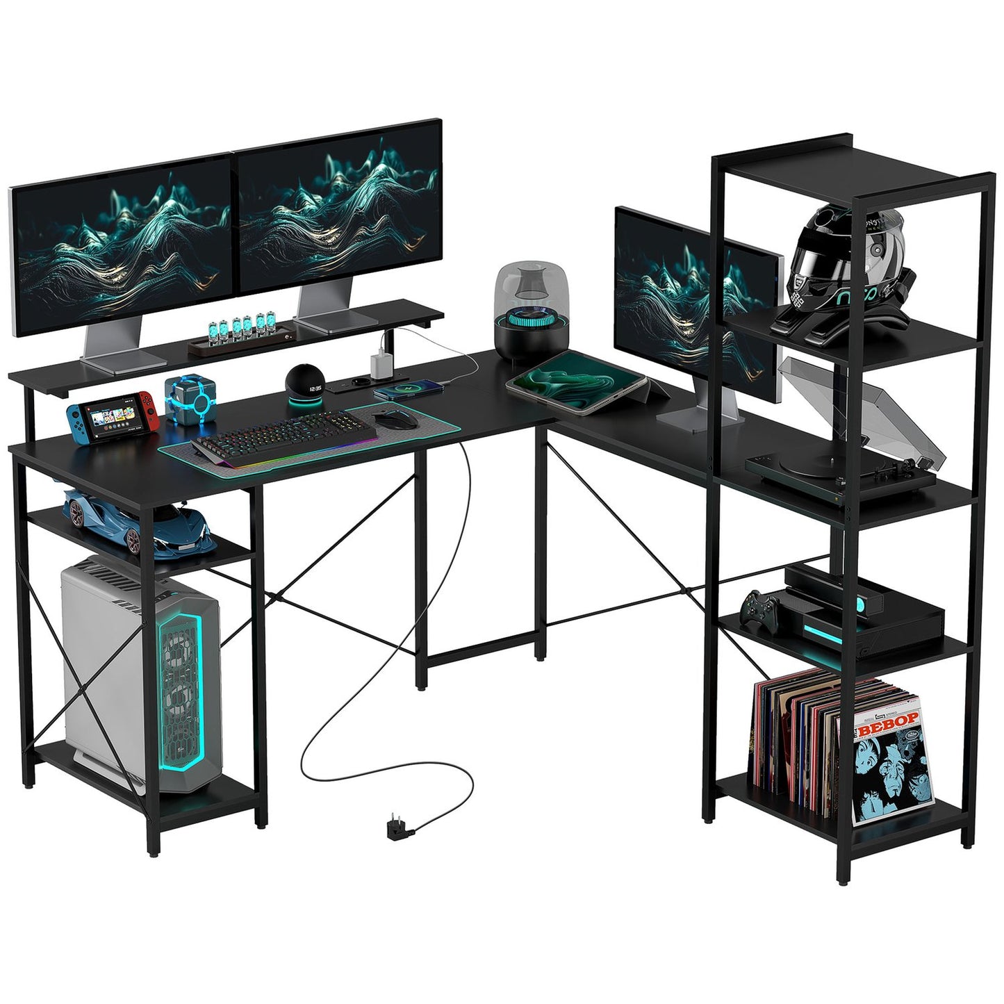 L-shaped office desk with storage shelves and USB port