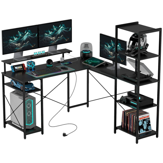L-shaped office desk with storage shelves and USB port