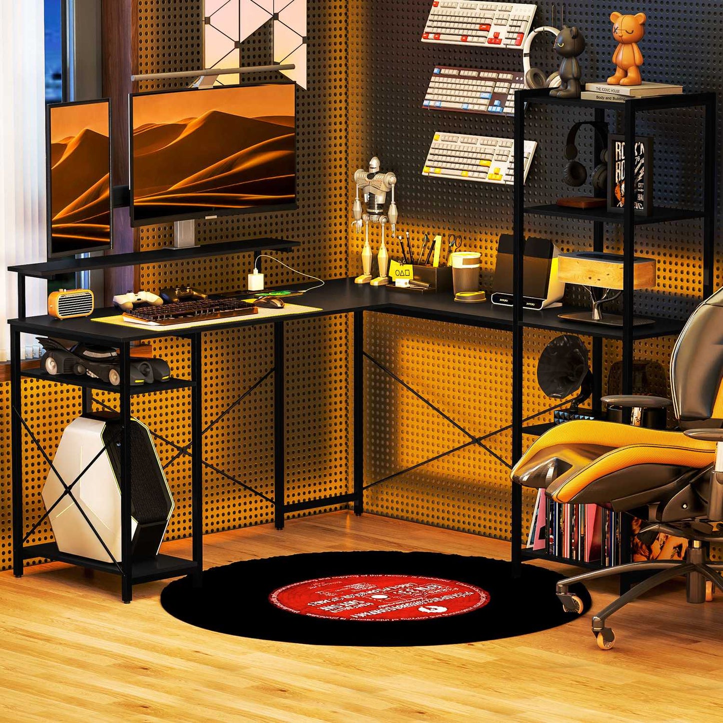 L-shaped office desk with storage shelves and USB port