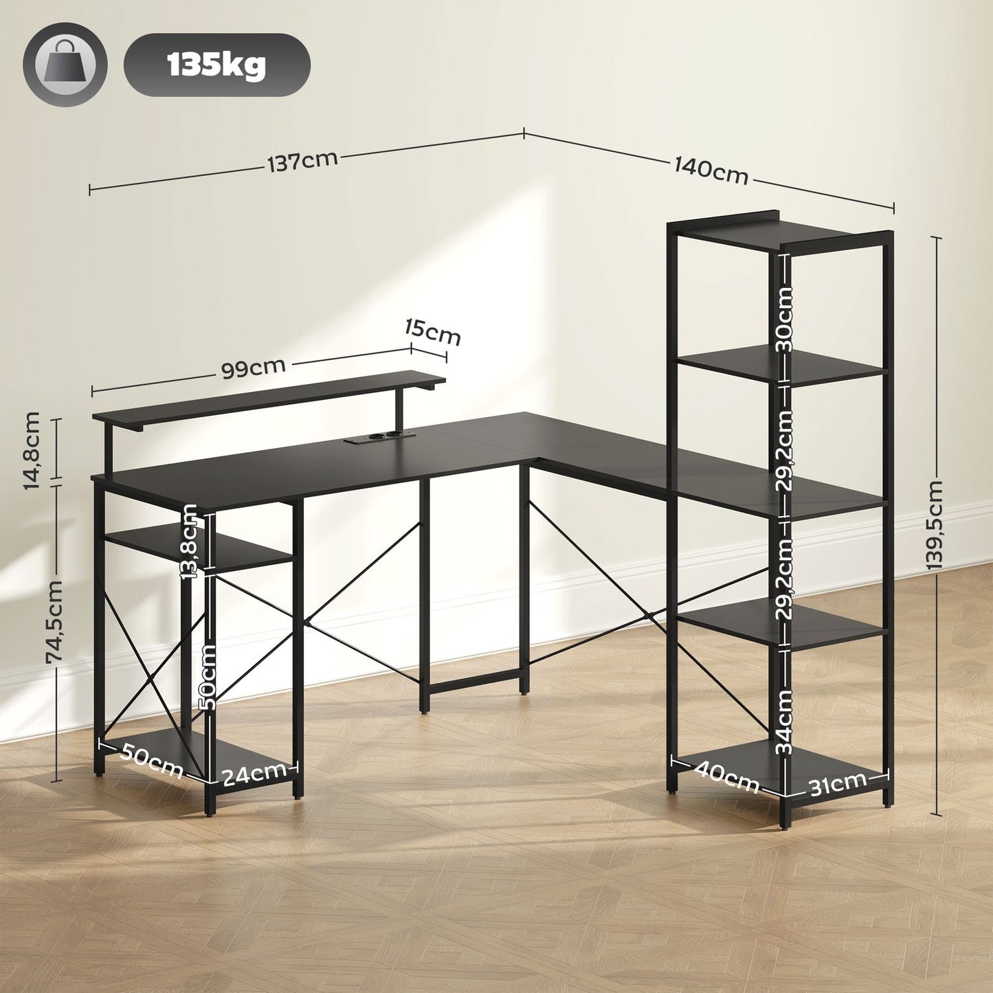 L-shaped office desk with storage shelves and USB port