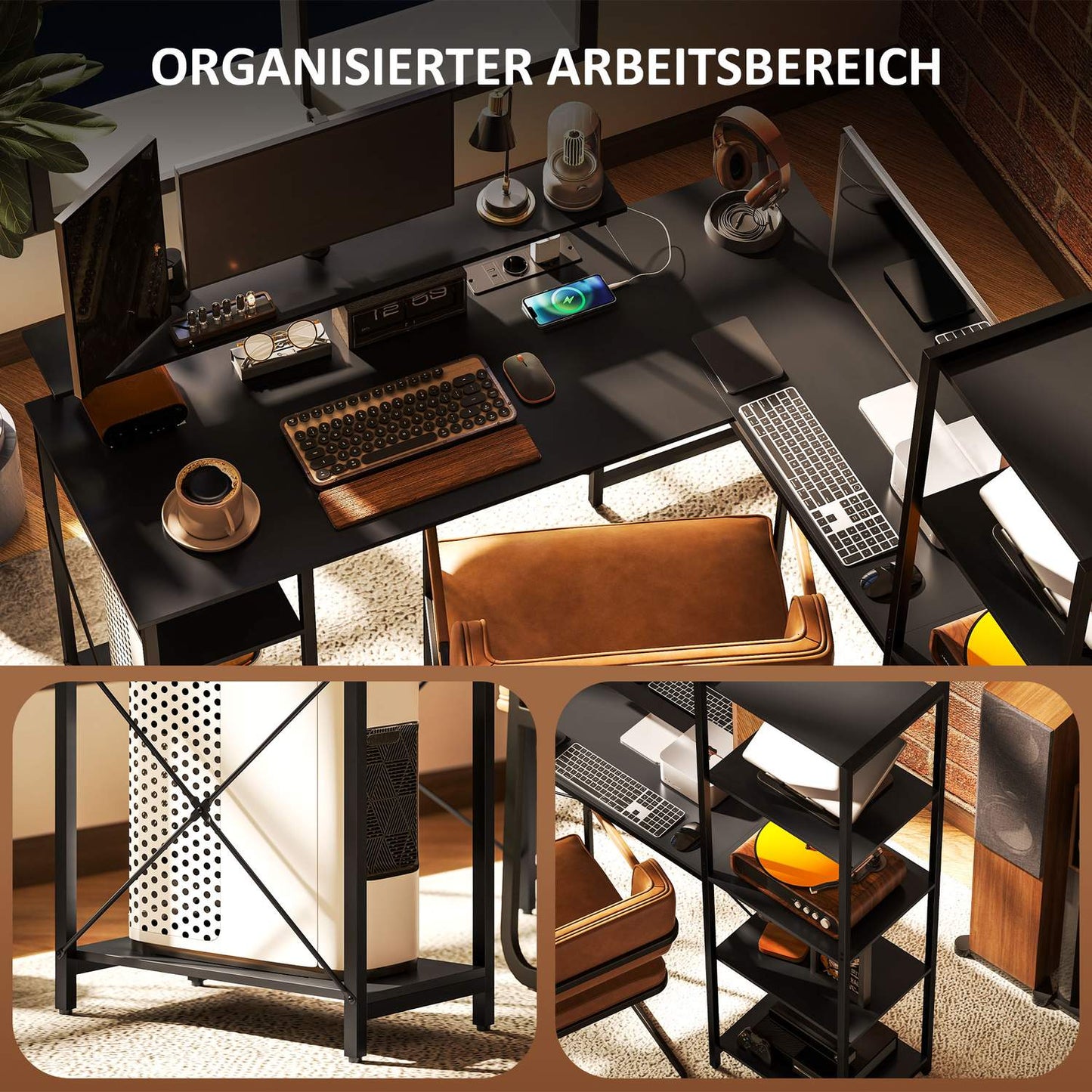 L-shaped office desk with storage shelves and USB port