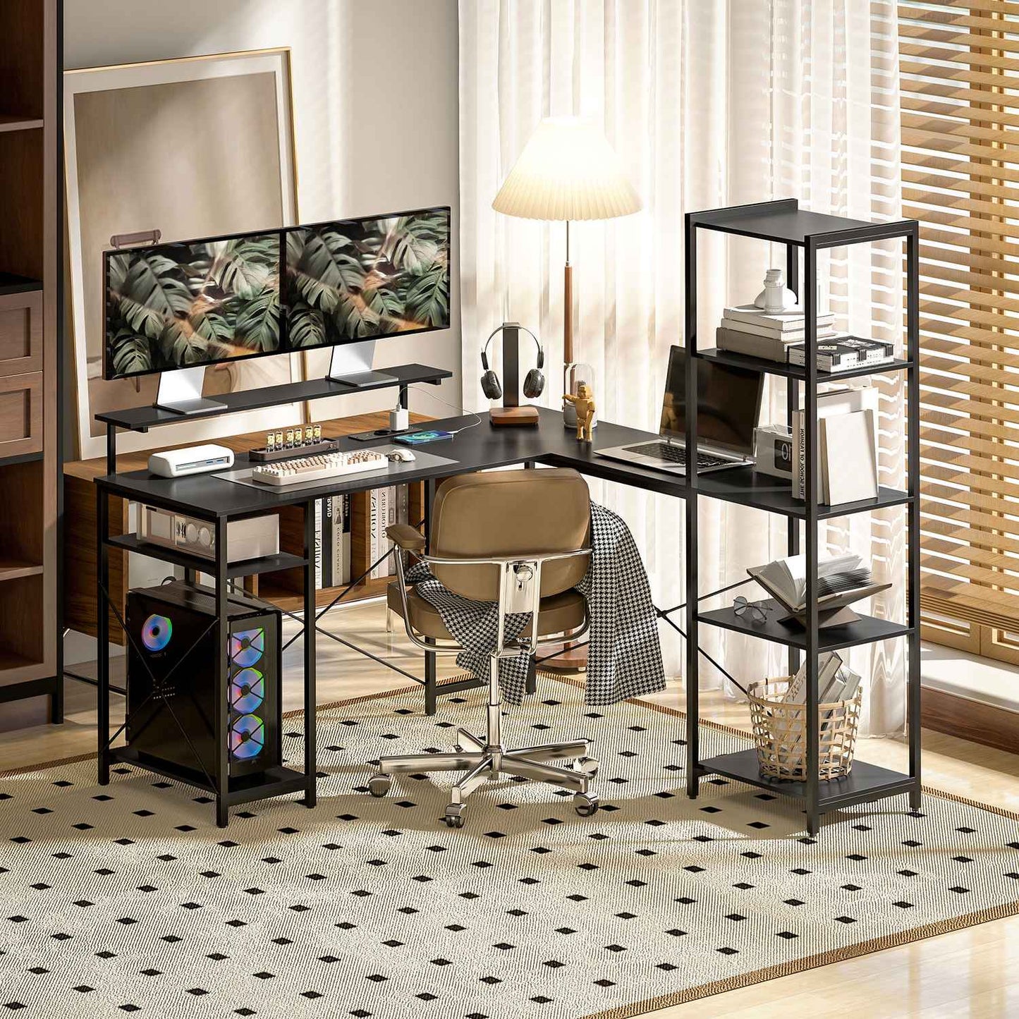 L-shaped office desk with storage shelves and USB port