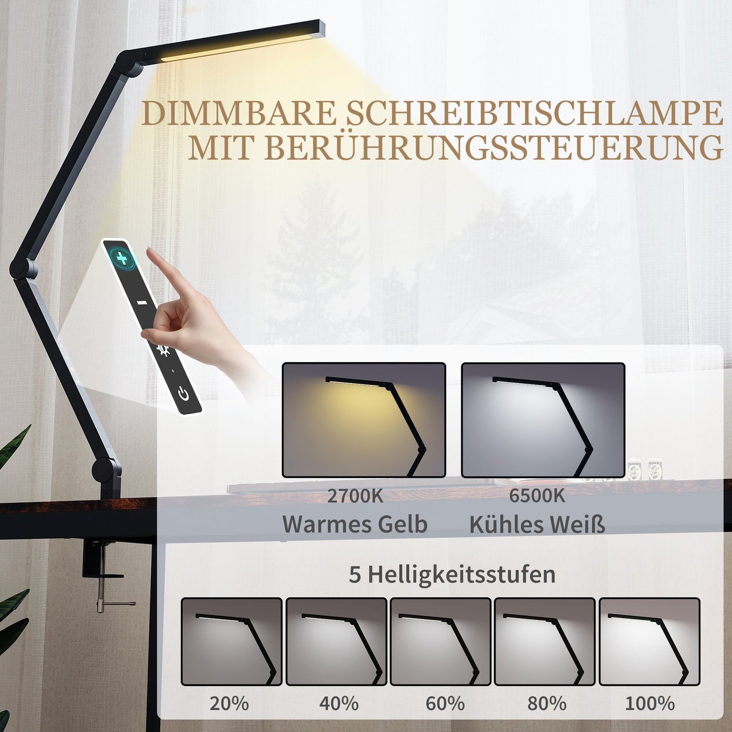 Desk Lamp, Adjustable Brightness & Color, Metal Clamp