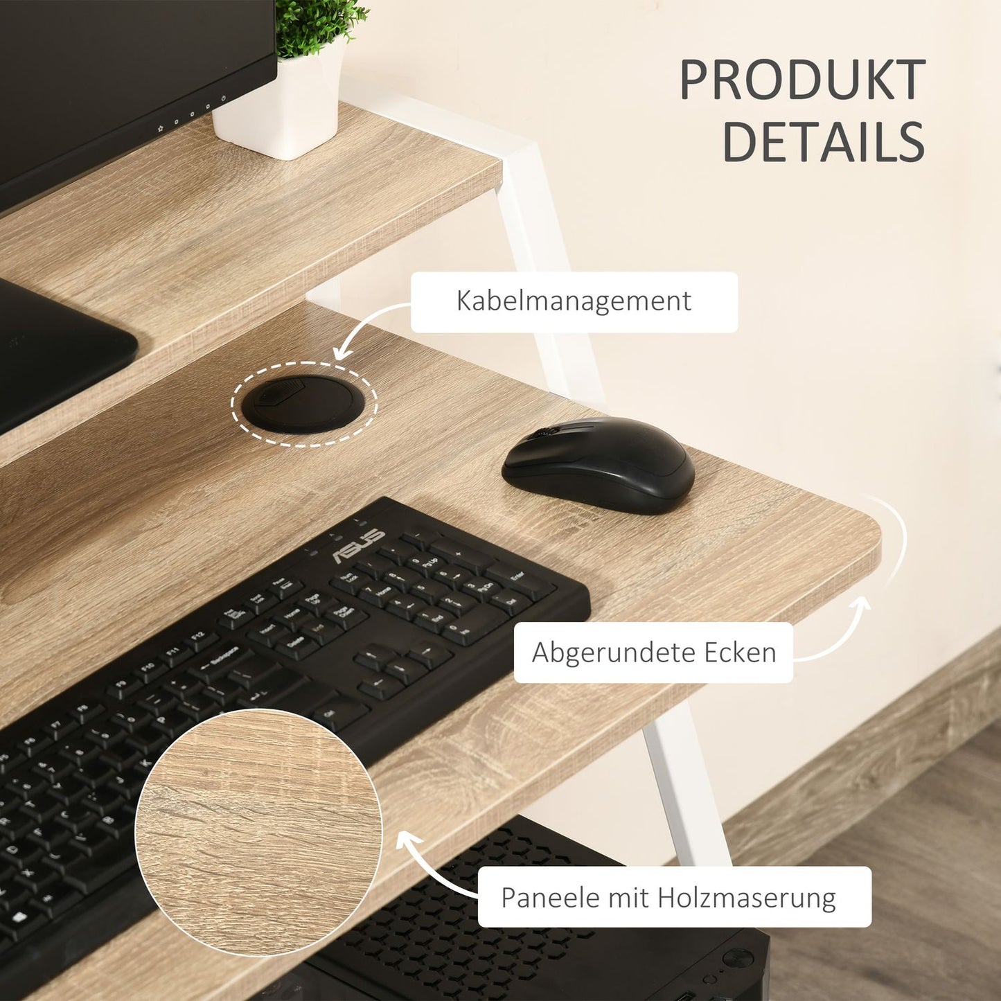 Modern computer desk - metal frame, storage, white/oak