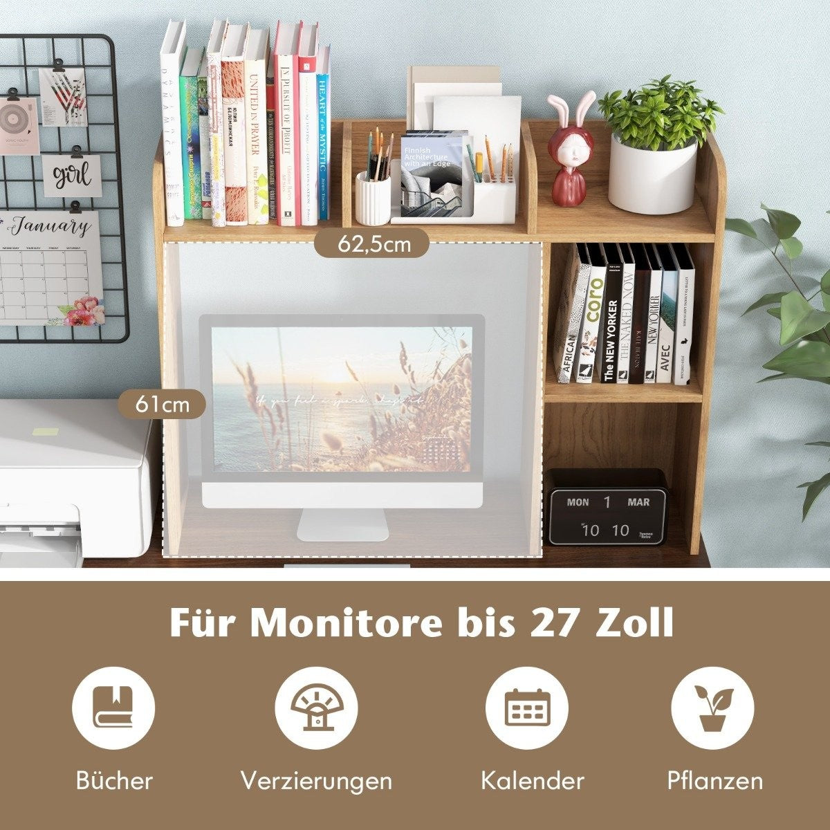 Desk Shelf Multipurpose Wooden Table Shelf 3 Tier Computer Desk Display Shelf Natural