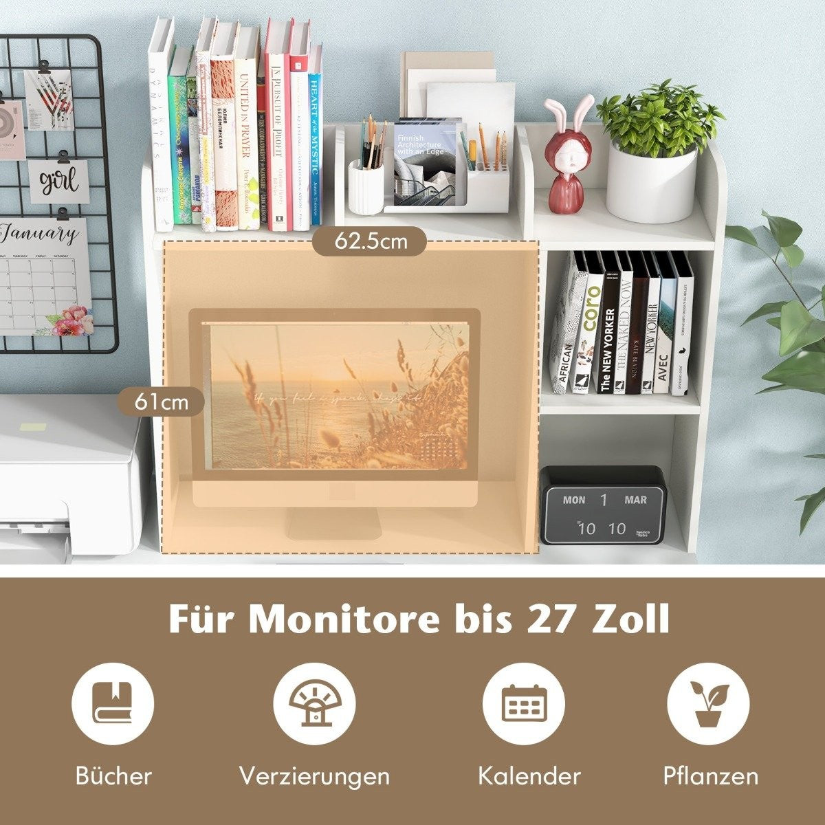 Desk Shelf Multipurpose Wooden Table Shelf 3 Tier Computer Desk Display Shelf White