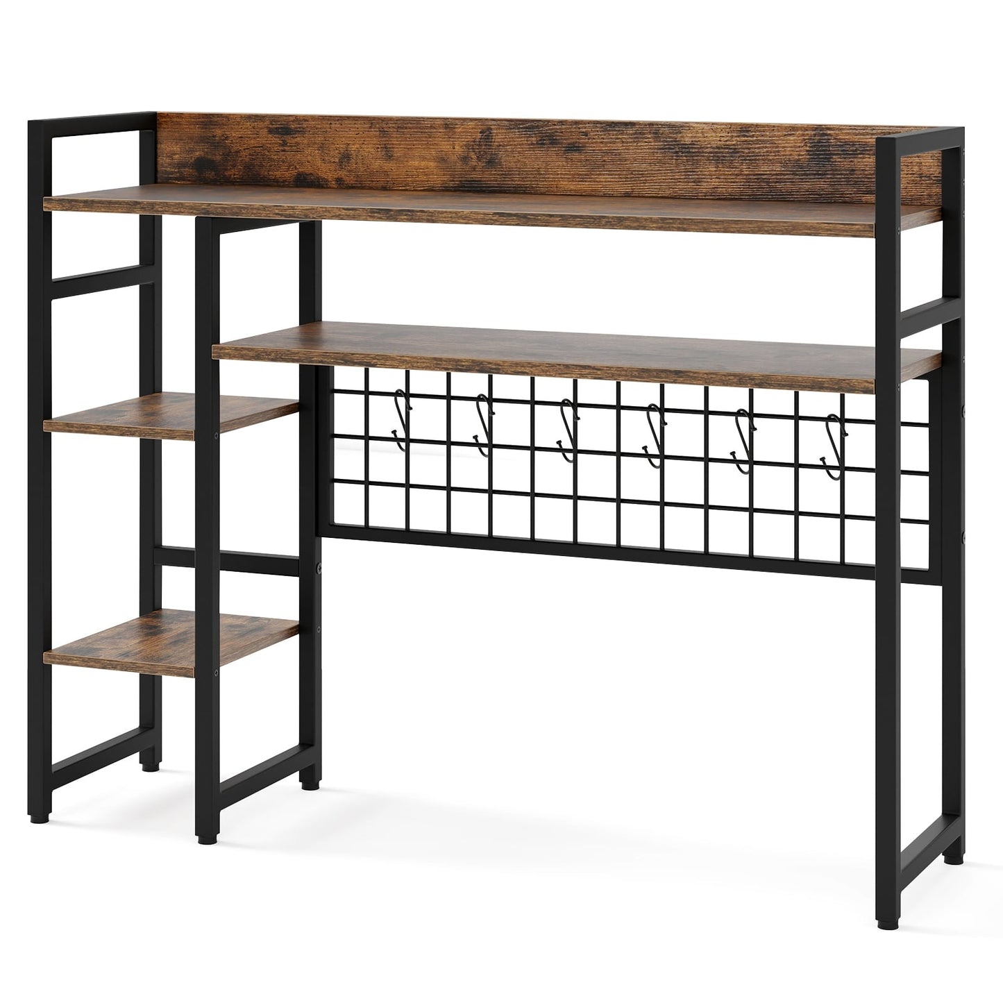 Desk Shelf Organizer with 4 Tiers & 6 Hooks, Brown