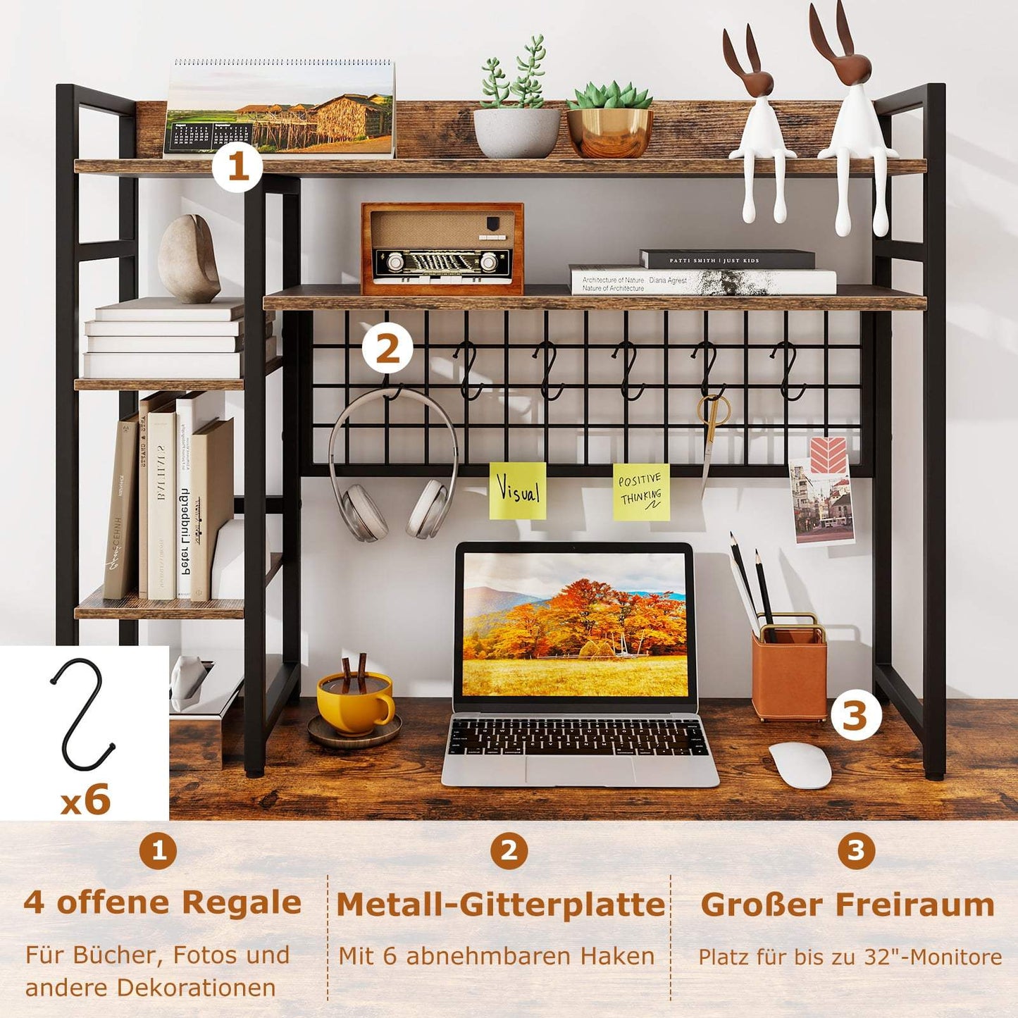 Desk Shelf Organizer with 4 Tiers & 6 Hooks, Brown