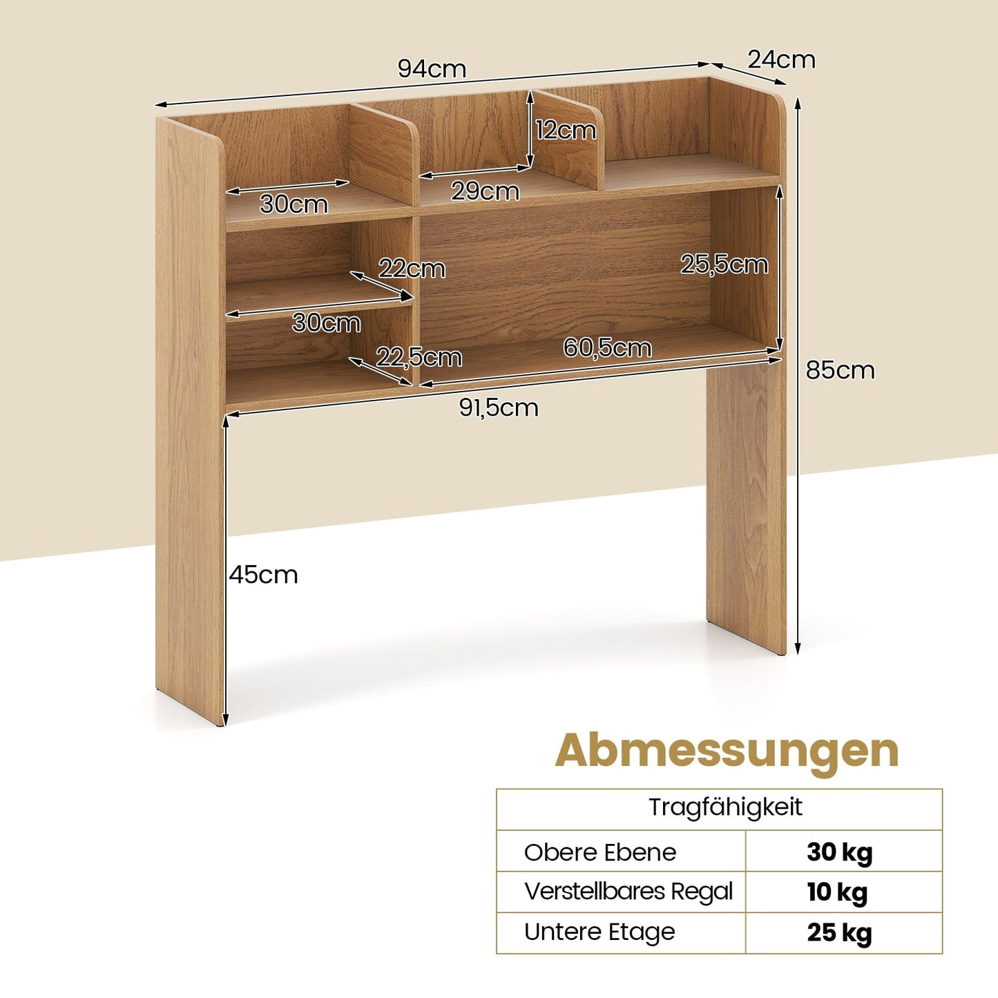 Desk Shelf Organizer with 6 Shelves, Adjustable, Rustic
