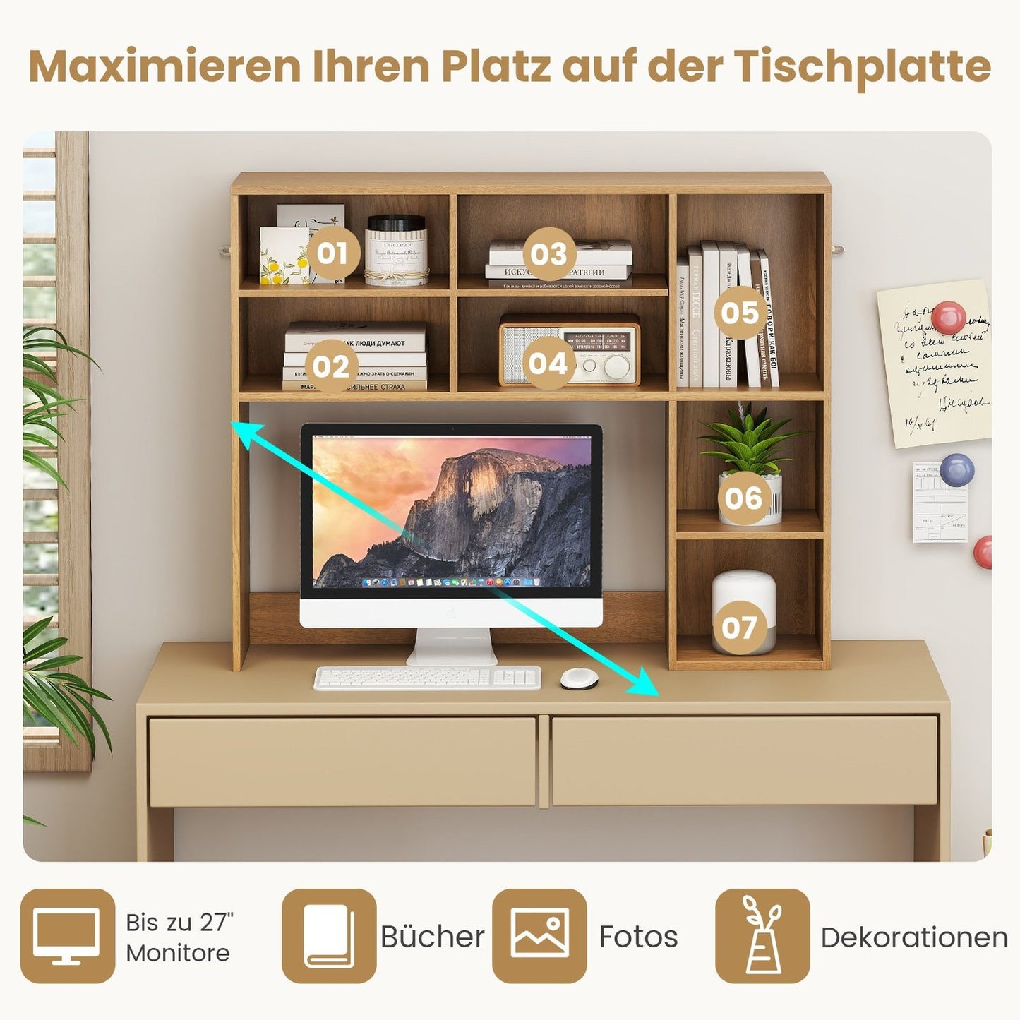 Desk Shelf with 7 Compartments for Monitors Up to 27""