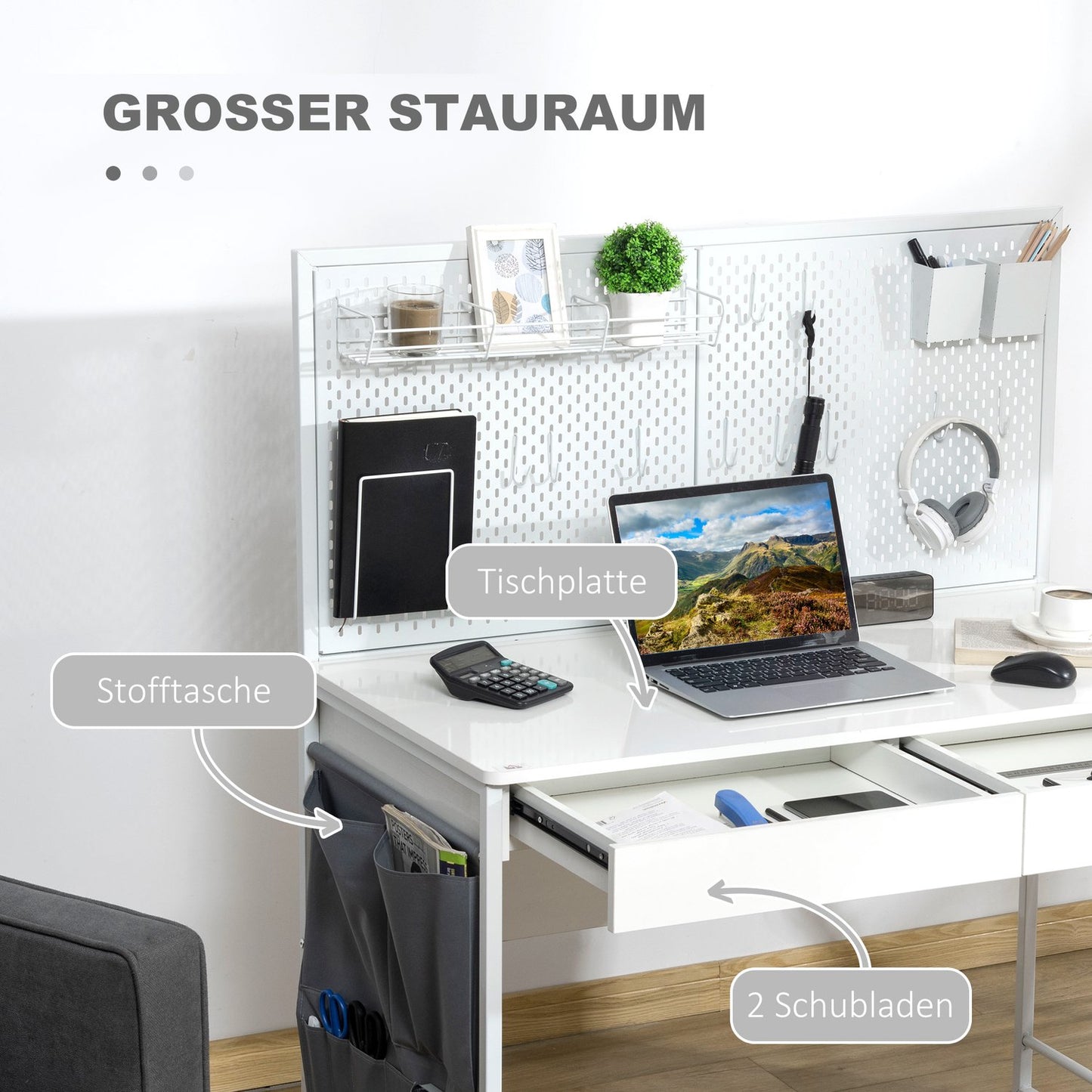 White & Gray Desk - Cloth bag, 2 drawers, Note grid