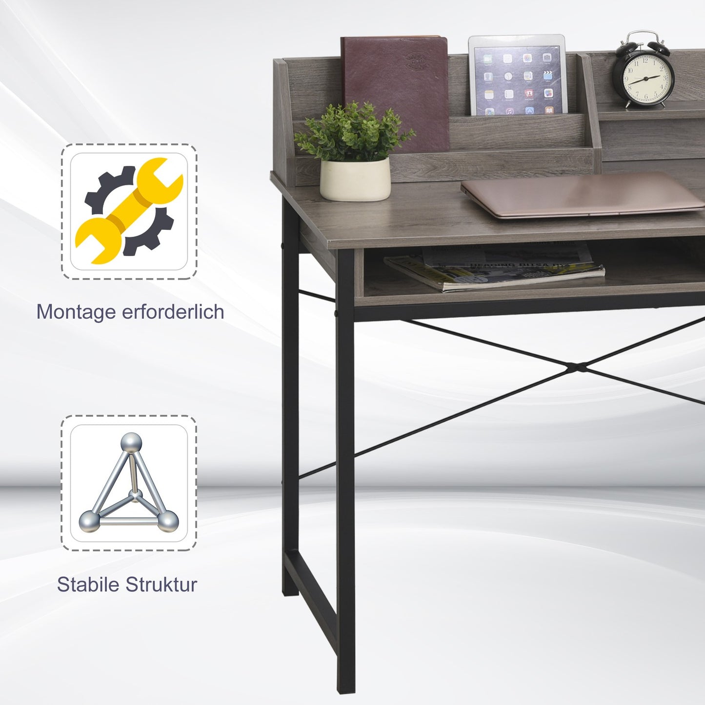Industrial computer table with shelf and drawer - Grey/black