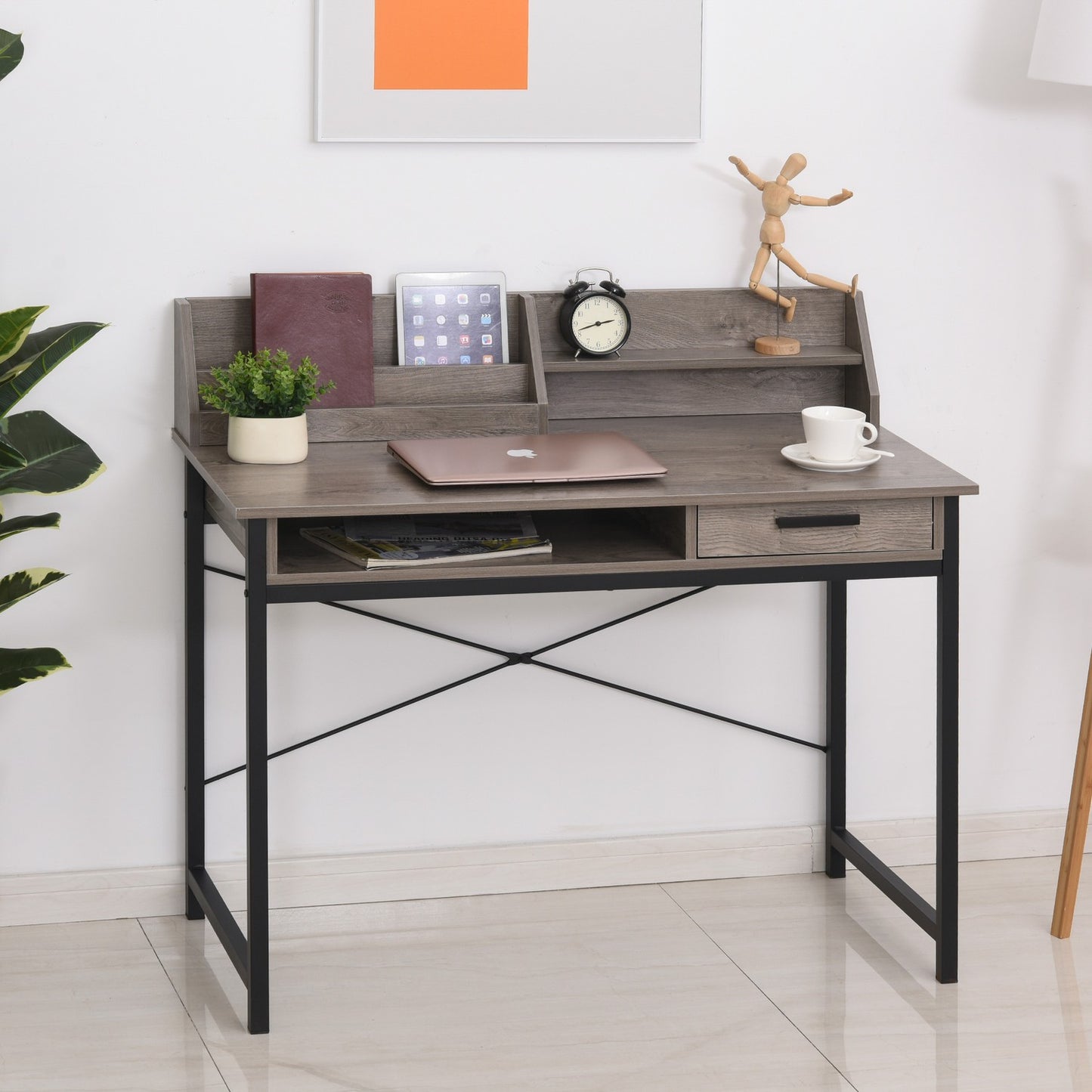 Industrial computer table with shelf and drawer - Grey/black