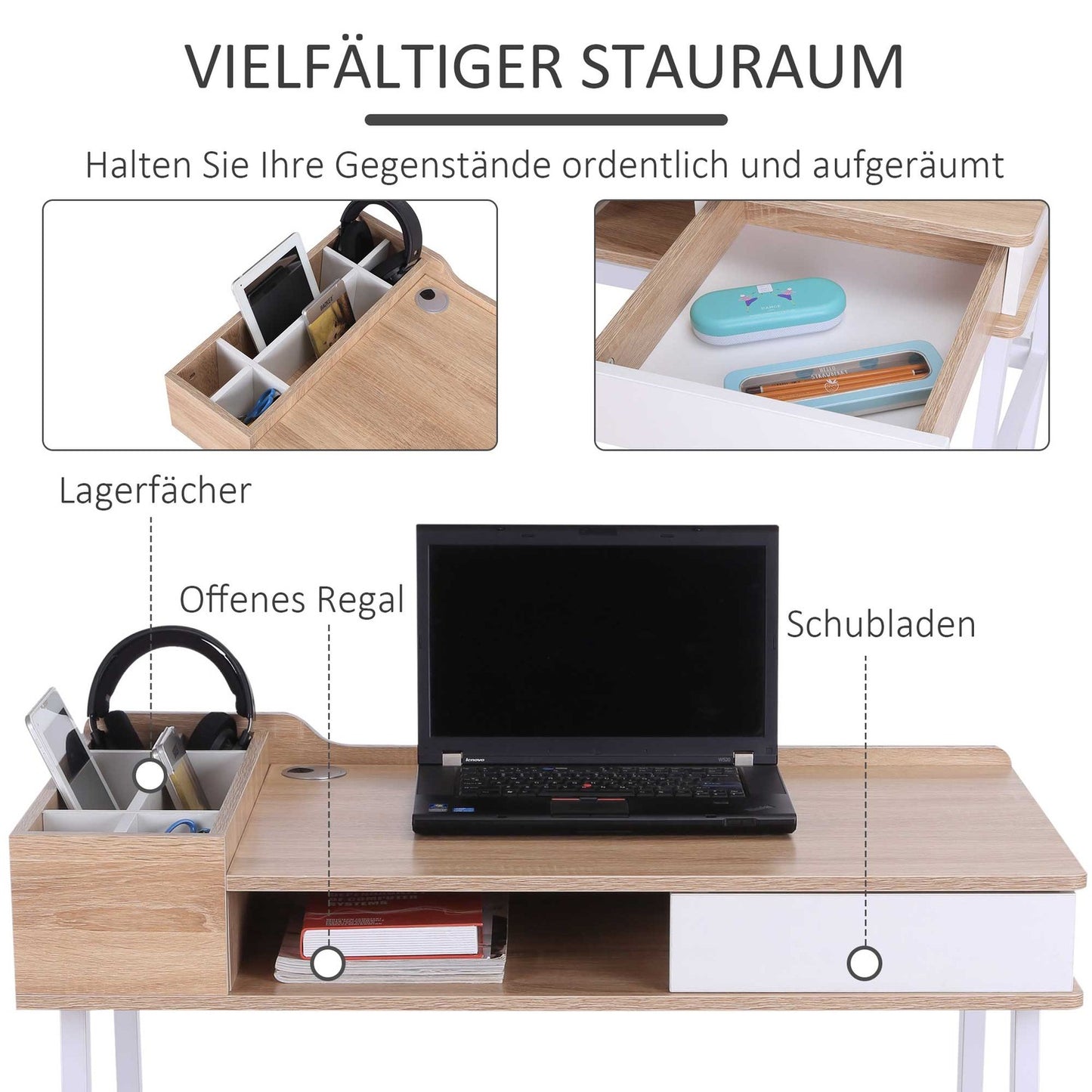 Computer desk with wide top and storage compartment