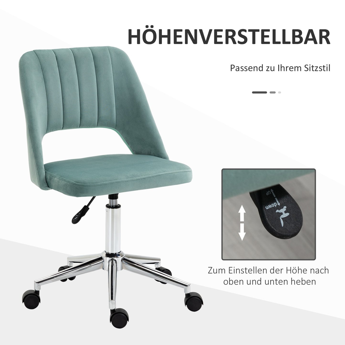 Ergonomic desk chair in green velvet - adjustable, no arms