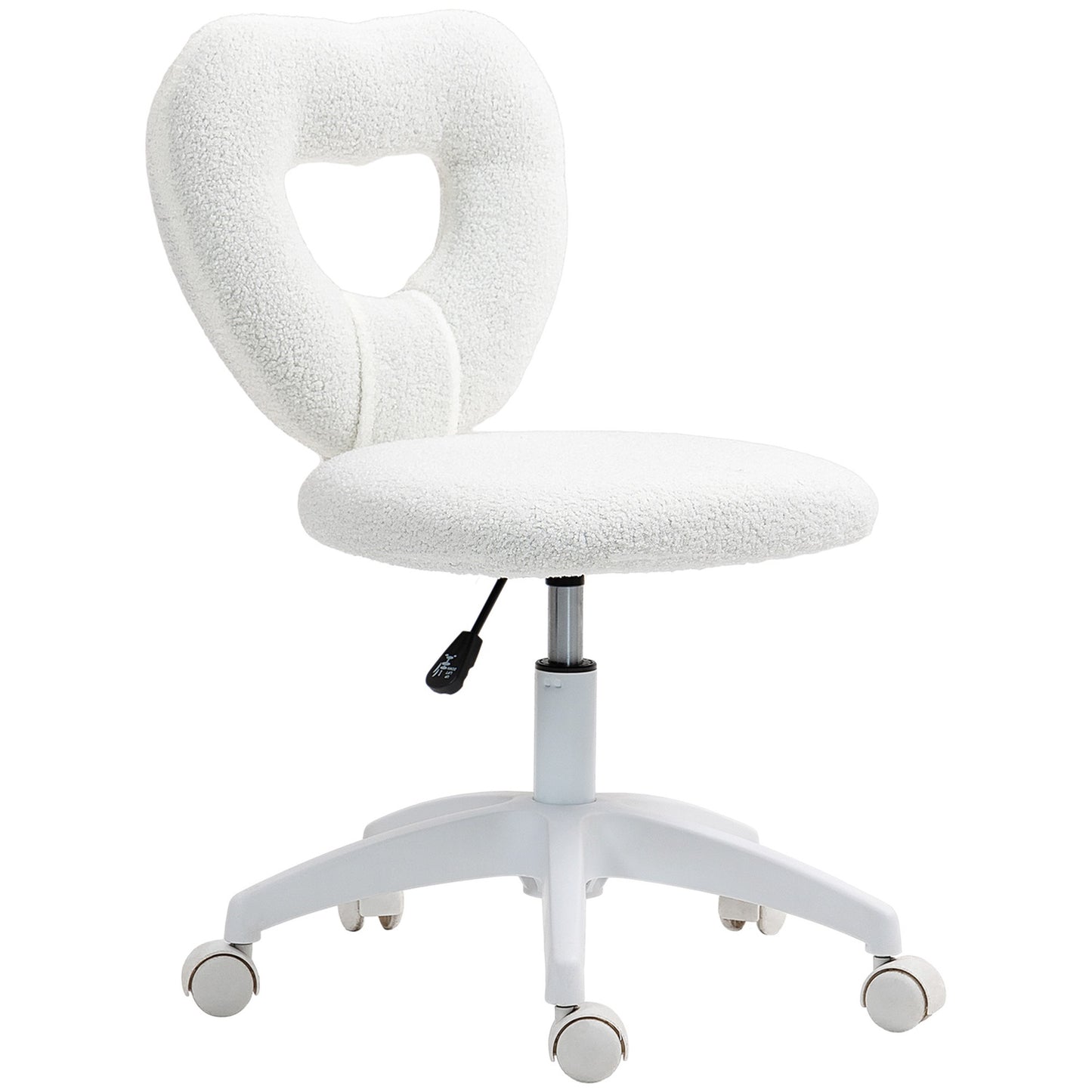 White heart-shaped swivel desk chair, height adjustable