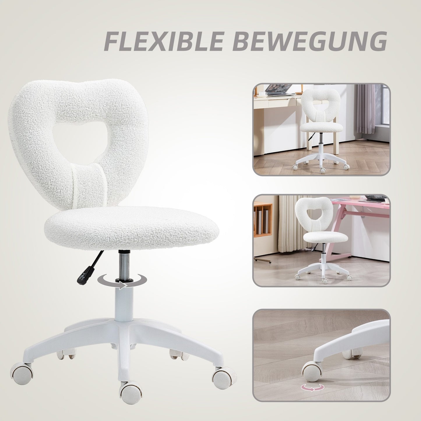 White heart-shaped swivel desk chair, height adjustable