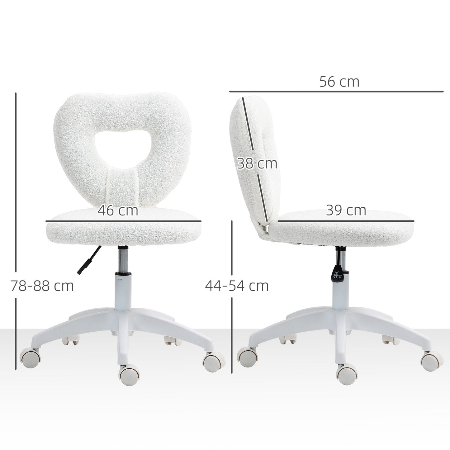 White heart-shaped swivel desk chair, height adjustable