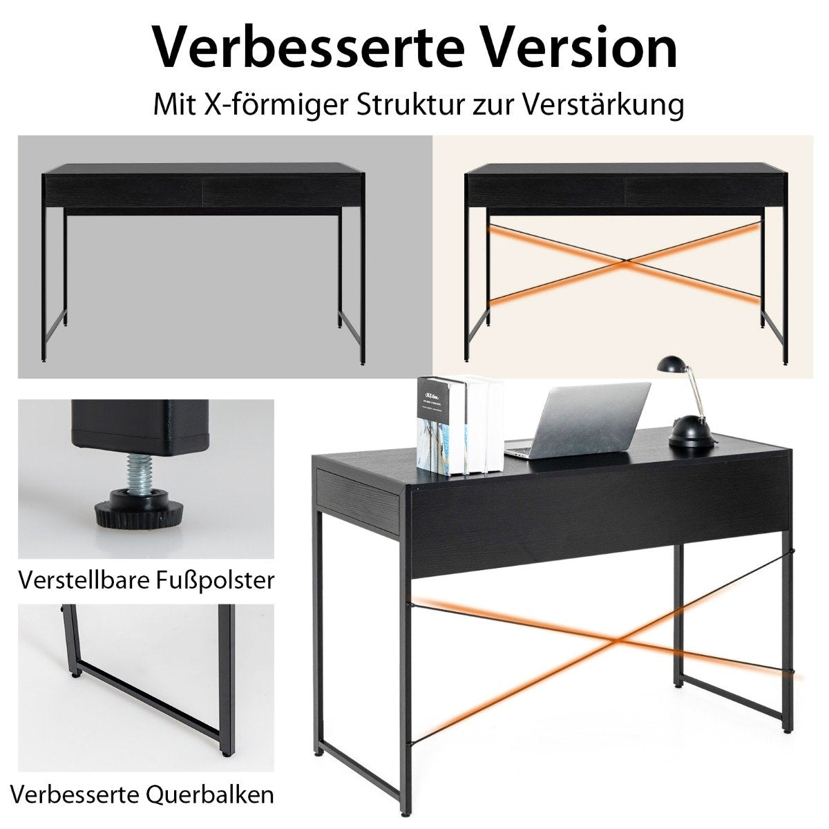 Desk computer table office table PC table work table with 2 drawers black