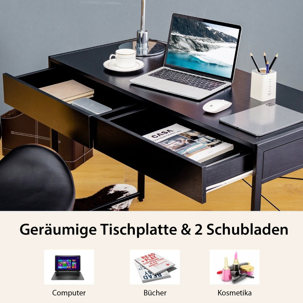 Desk computer table office table PC table work table with 2 drawers black