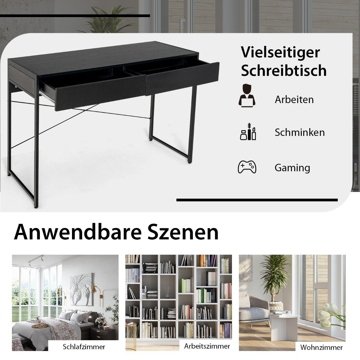 Desk computer table office table PC table work table with 2 drawers black