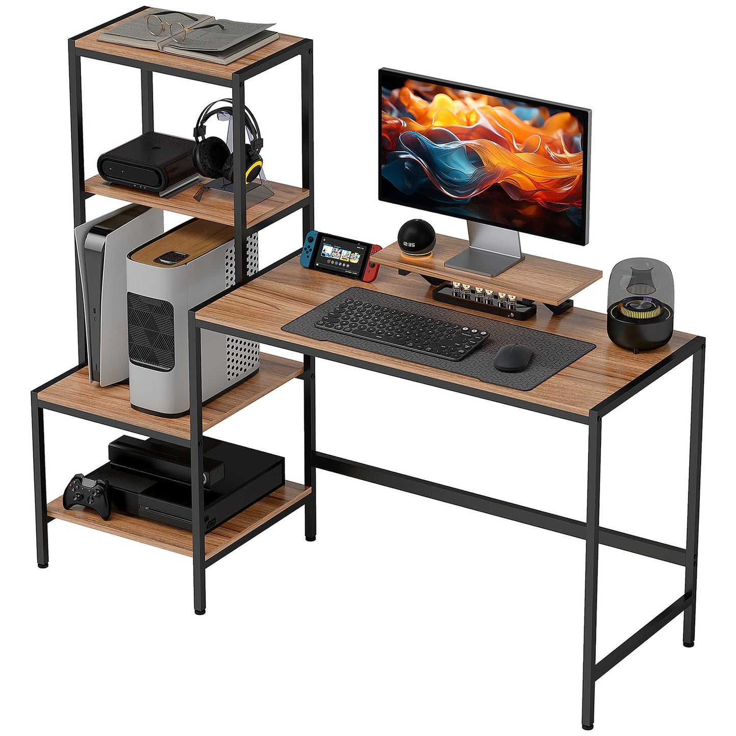 Brown desk with monitor and CPU stand, 4 shelves - 150x48x125 cm