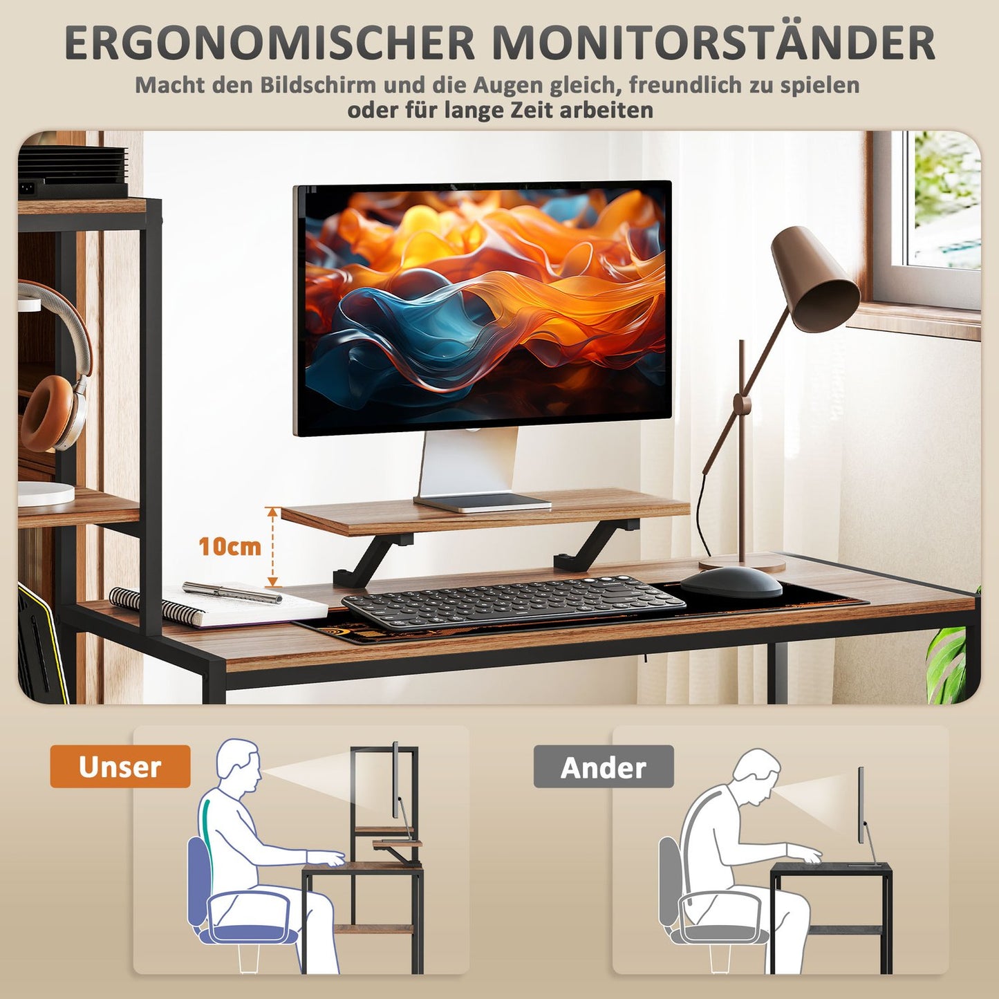 Brown desk with monitor and CPU stand, 4 shelves - 150x48x125 cm