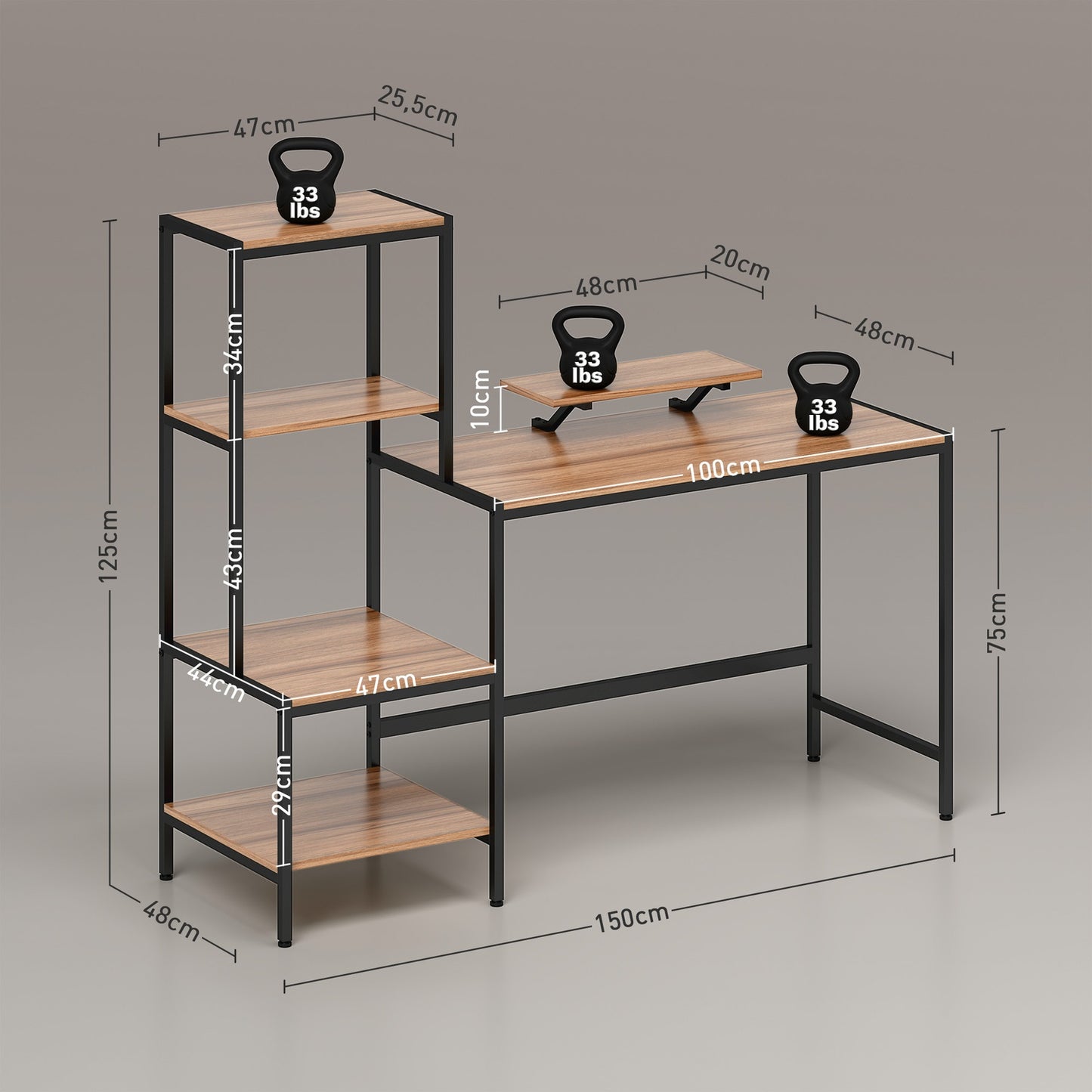 Brown desk with monitor and CPU stand, 4 shelves - 150x48x125 cm
