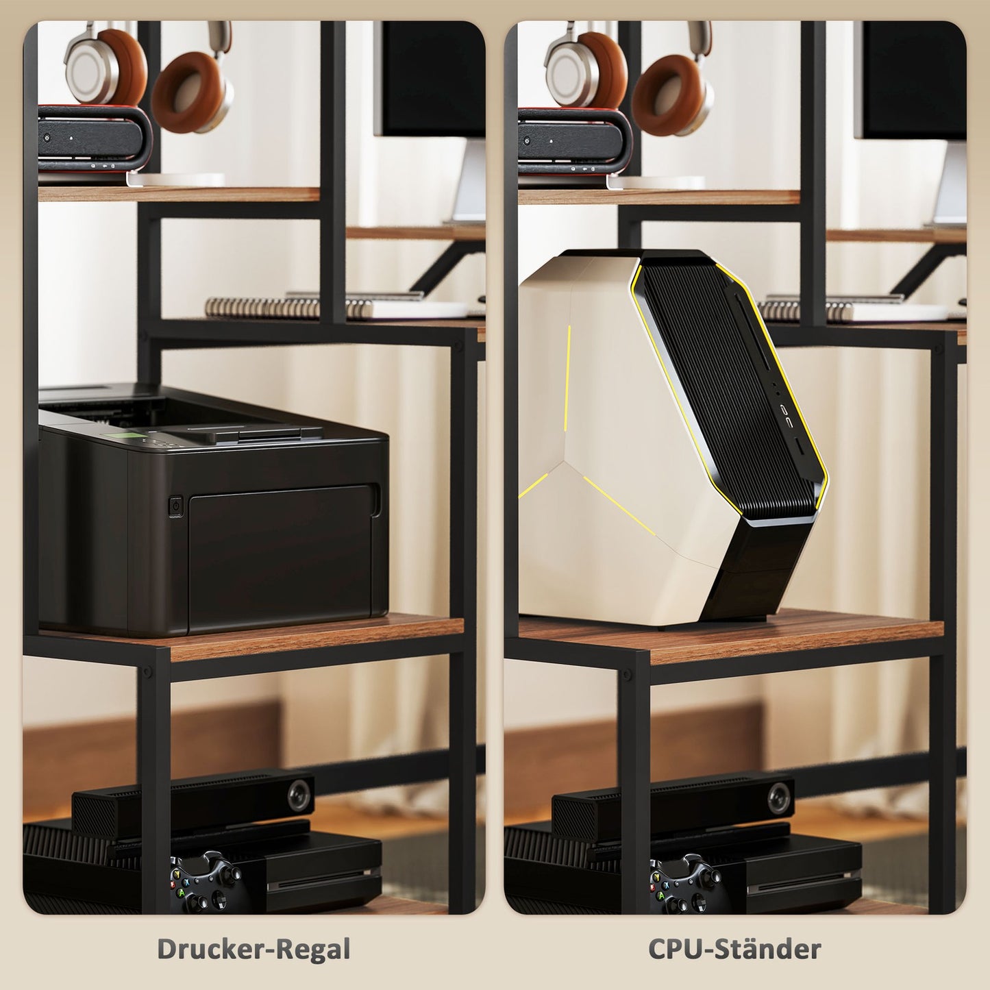 Brown desk with monitor and CPU stand, 4 shelves - 150x48x125 cm