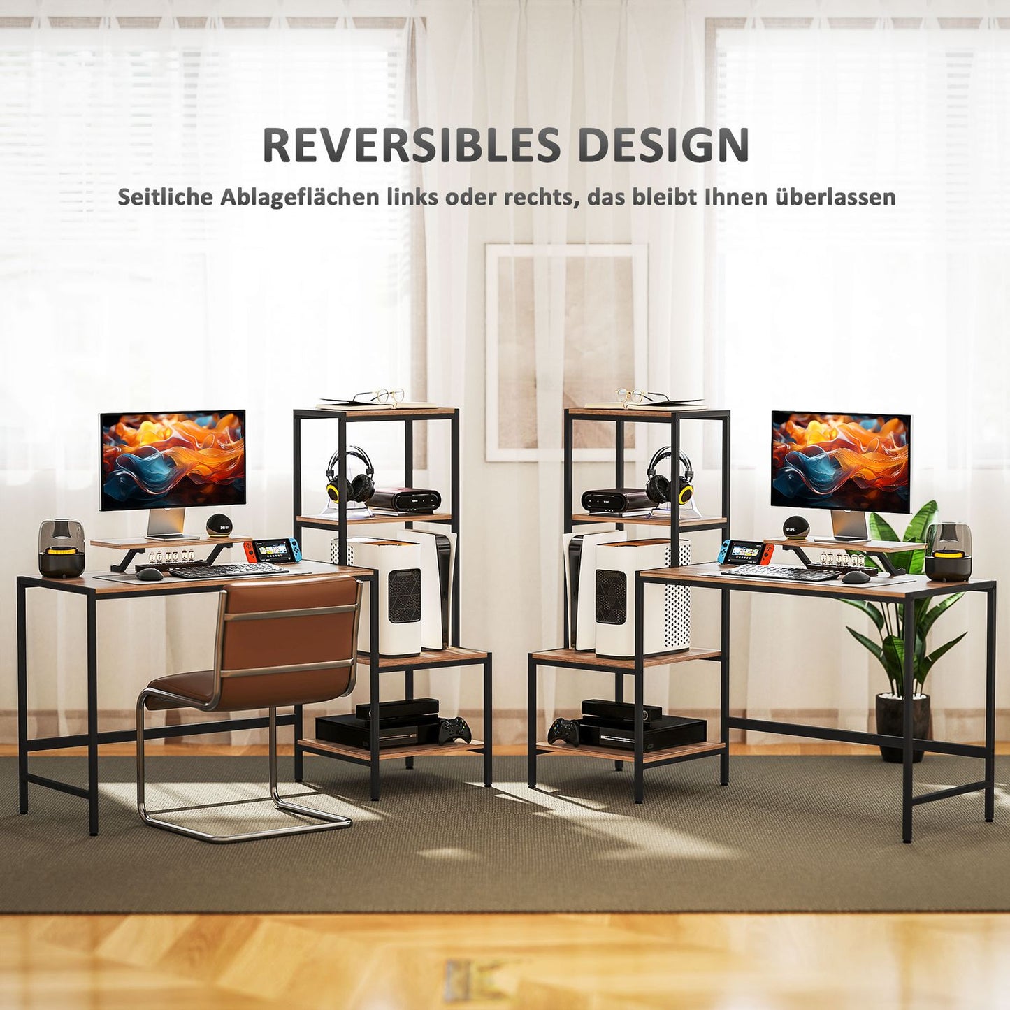 Brown desk with monitor and CPU stand, 4 shelves - 150x48x125 cm