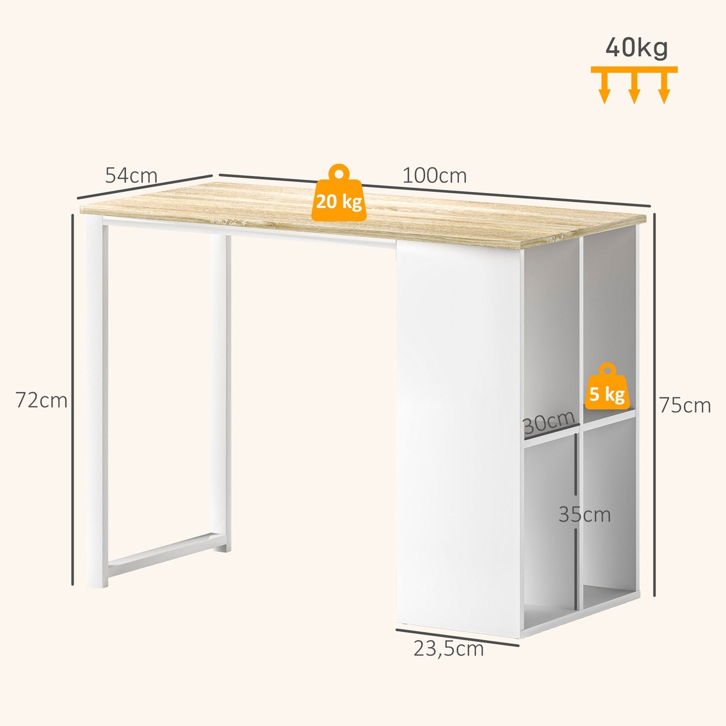 Oak Desk with storage - Modern Steel frame, 100x54x75 cm