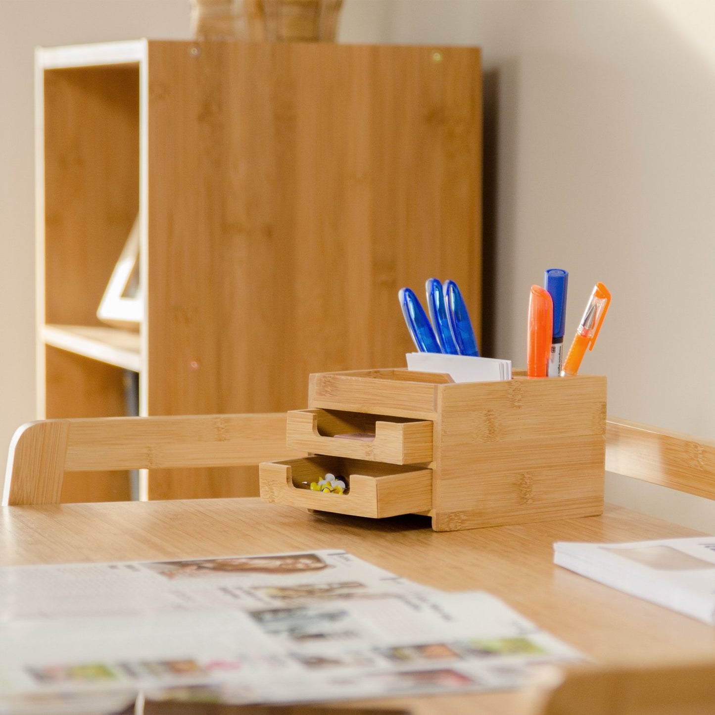 <p>Organize your workspace efficiently with this bamboo desk organizer, offering sustainable storage for office supplies. Its elegant design enhances any desk while keeping essentials within reach.</p>

<ul>
<li>Utilize sustainable bamboo for eco-friendly