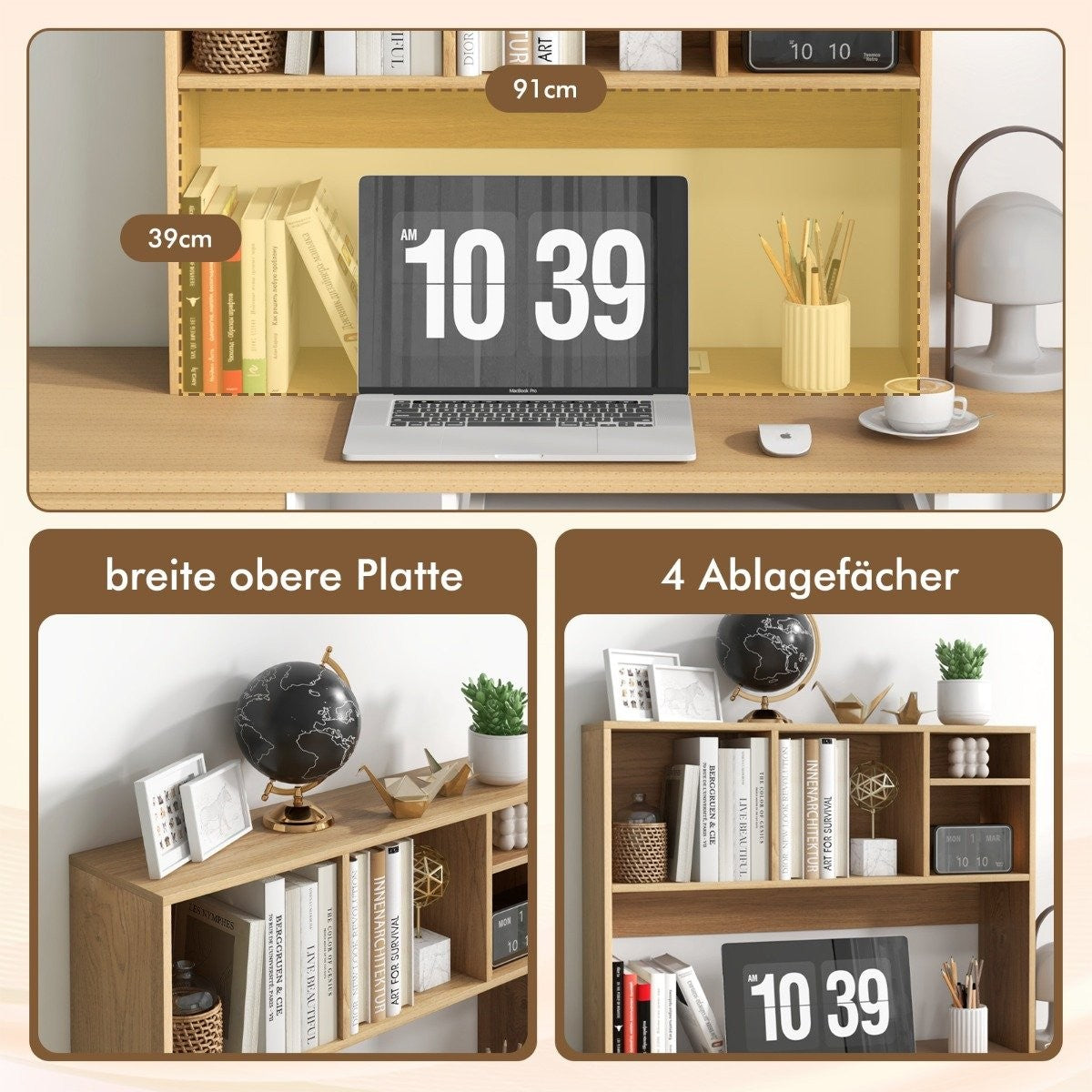 Desk shelf with 4 compartments table shelf desk top shelf bookcase 94 x 25 x 73 cm natural